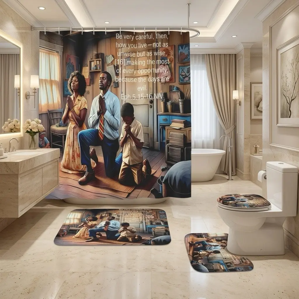 Scripture Home Blessing Shower Curtain Set – Soft Textile with Vintage Wooden Interior, Family in Prayer, and Inspirational Eph.5:15-16 Message, Thick Bath Mat for Dreamy Baths, Ideal for Sunday School Retreats or New Year’s Faith Renewal Moments