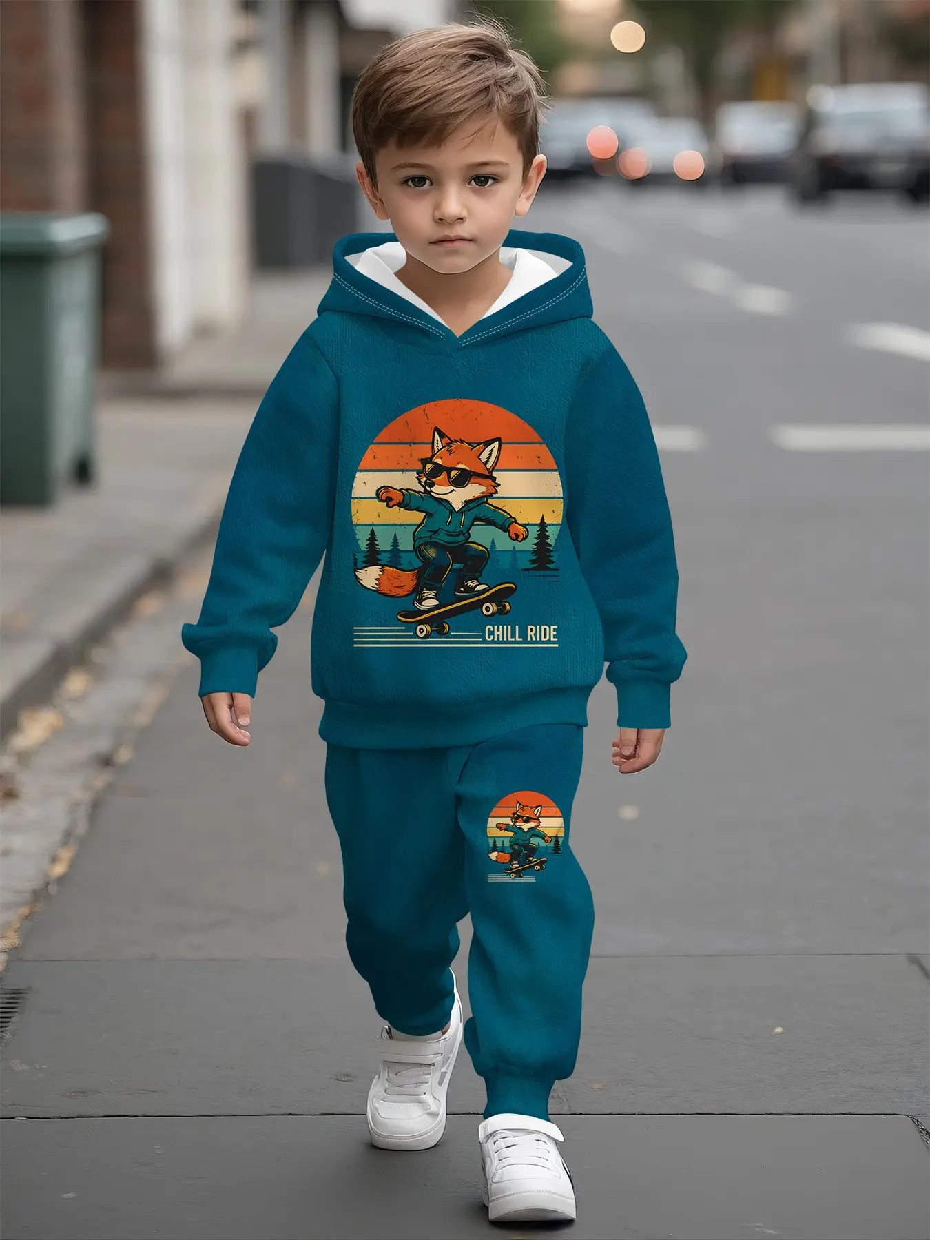 Lake Retro Skateboard Fox Digital Print Boys' Hooded Sweatshirt Set, Casual Comfortable, Perfect Gift for Boys