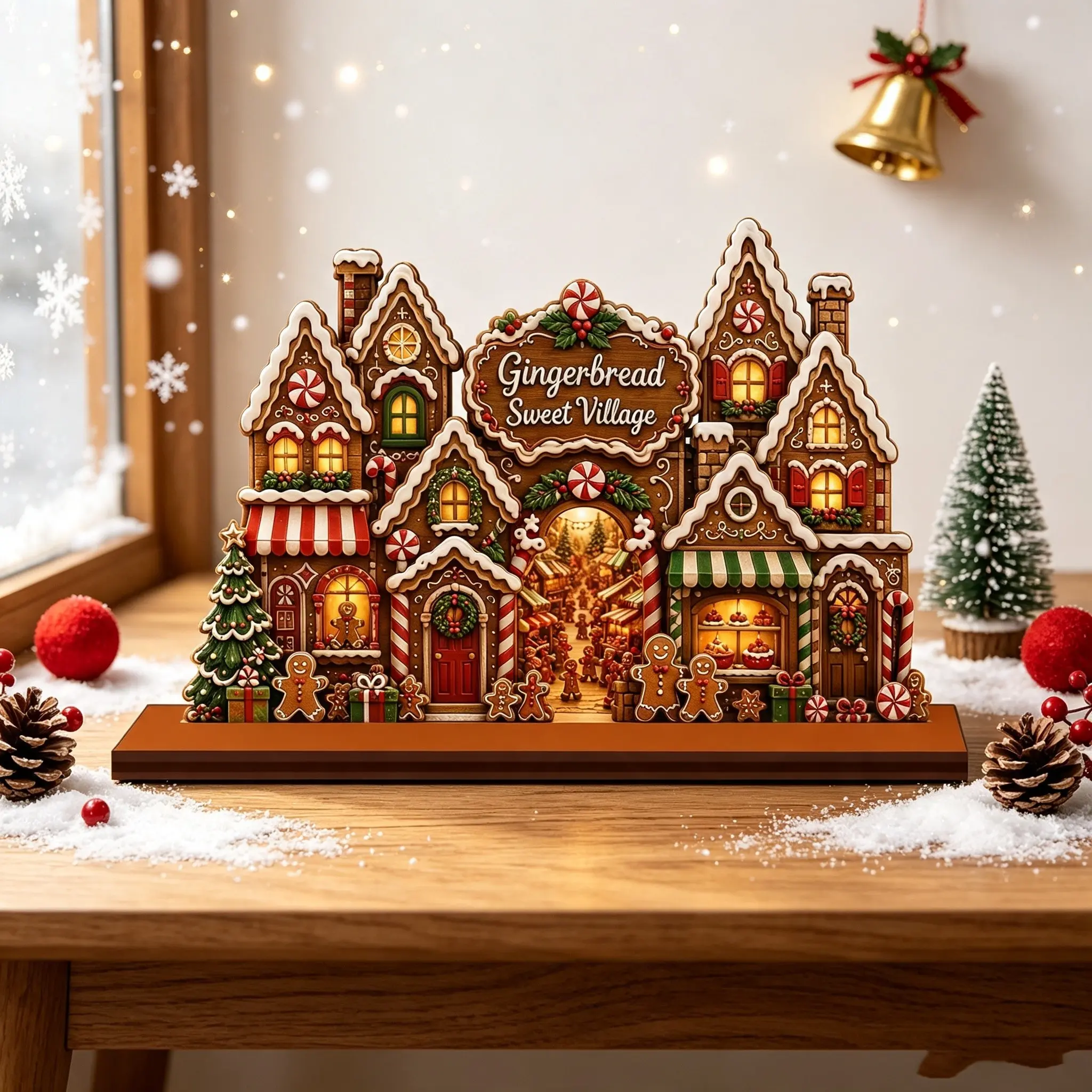 Bohemian Wooden Christmas Desk Decor, Gingerbread Village House Centerpiece, Candy Cane Santa Sign, Fireplace Shelf Holiday Decoration