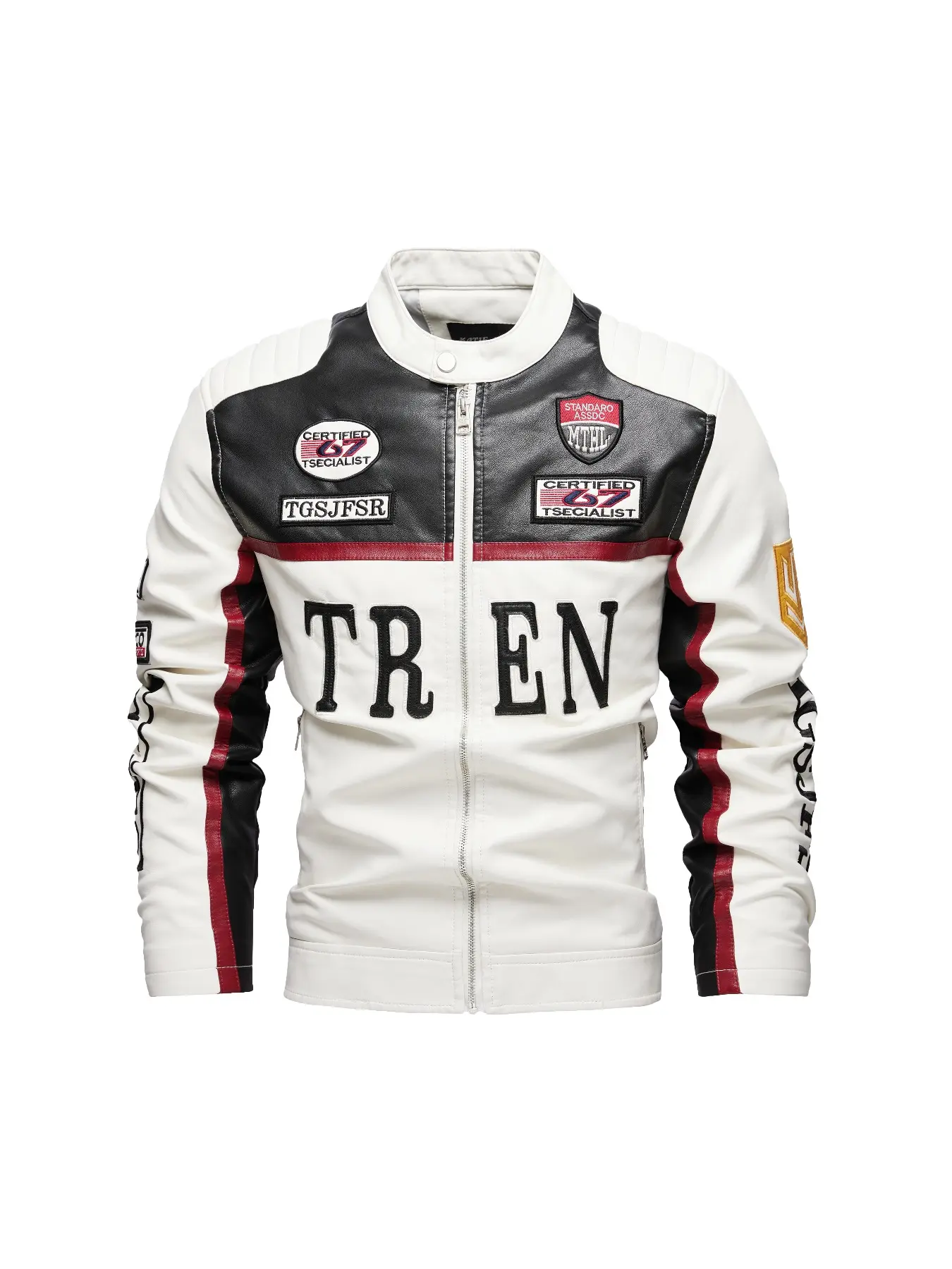 1PC Men's Long-Sleeved Zippered Standing Collar Motorcycle Jacket, featuring a standing collar and patchwork design, with stylish and versatile letter patterns, suitable for casual wear in autumn and winter.