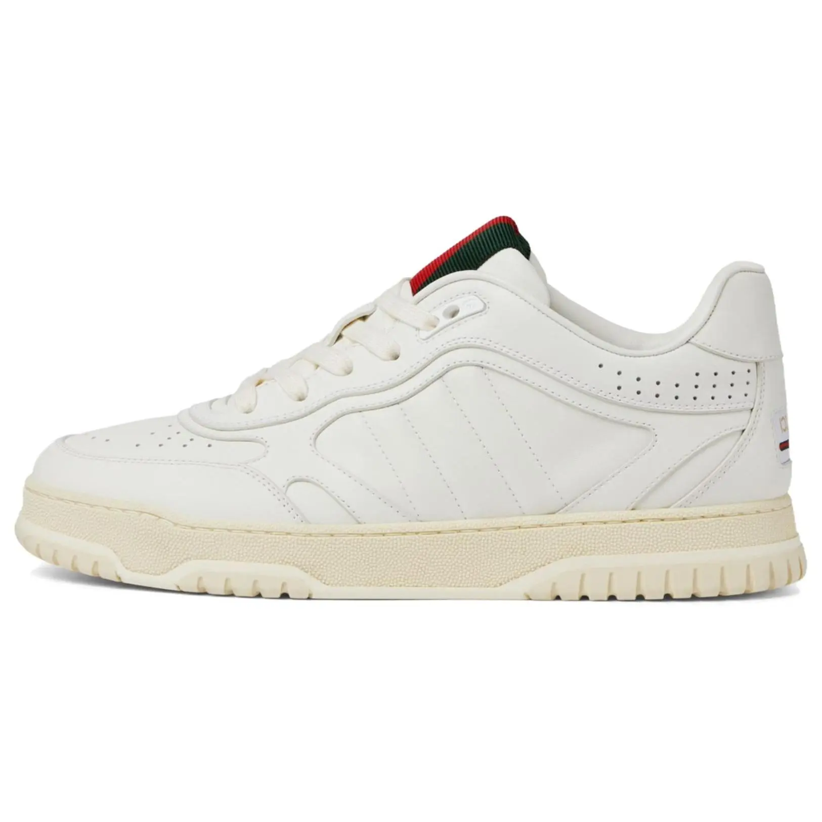 Gucci Re-Web 24SS Leather Low-Top Sneakers for Men with Grain Texture, White-Green-Red Colorway Verifiable, with credentials and supporting global authentication