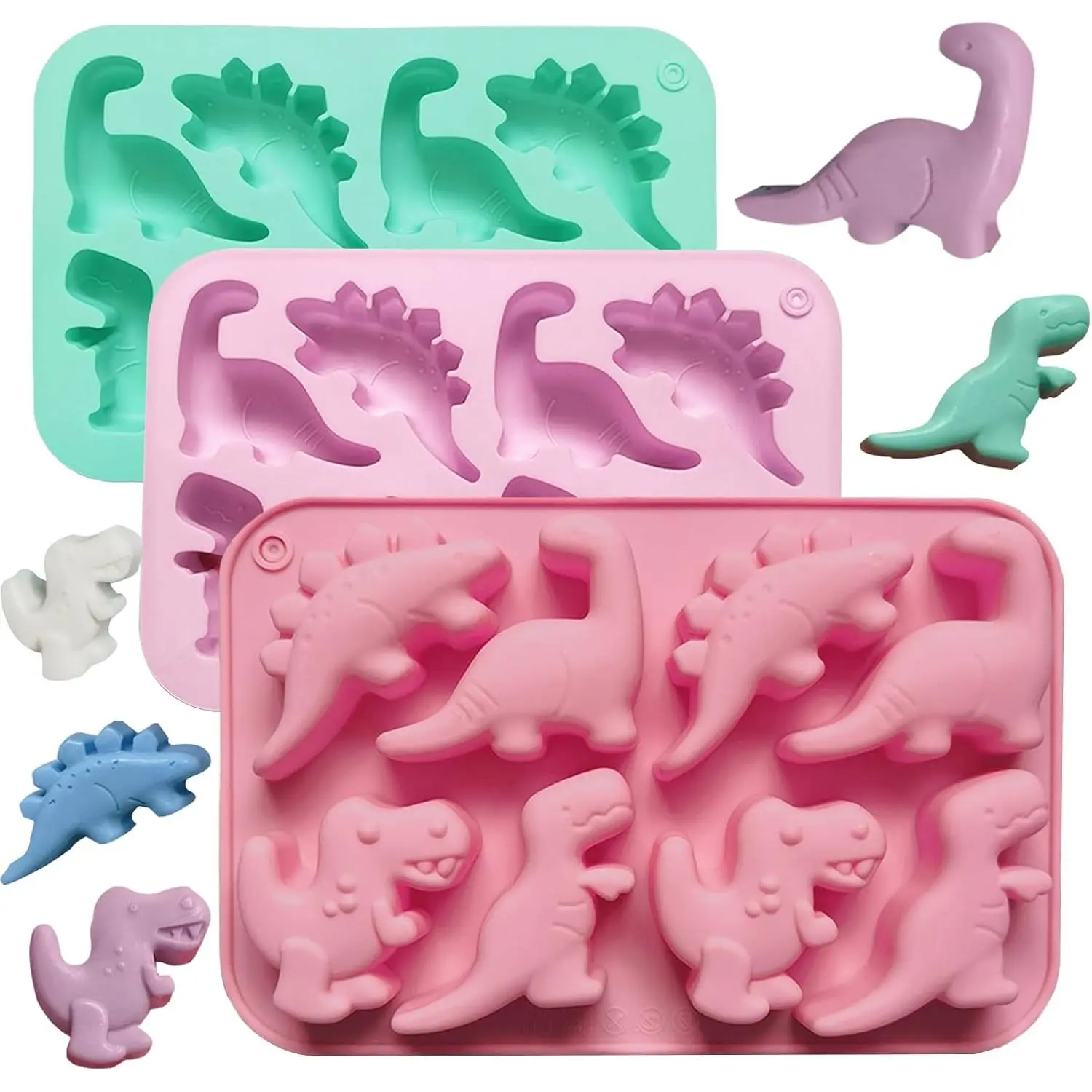 3Pcs Food Grade Flexible Silicone Dinosaur Molds Set - Non-Stick Kitchen Tool for Pet Snacks, Parties - Suitable for Chicken Nuggets, Popsicles, Chocolate (3 Colors)