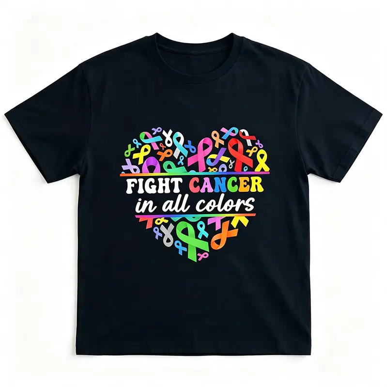 Fight Cancer in All Colors T-Shirt, Ribbon Cancer Awareness Tee, Casual Crew Neck Short Sleeve
