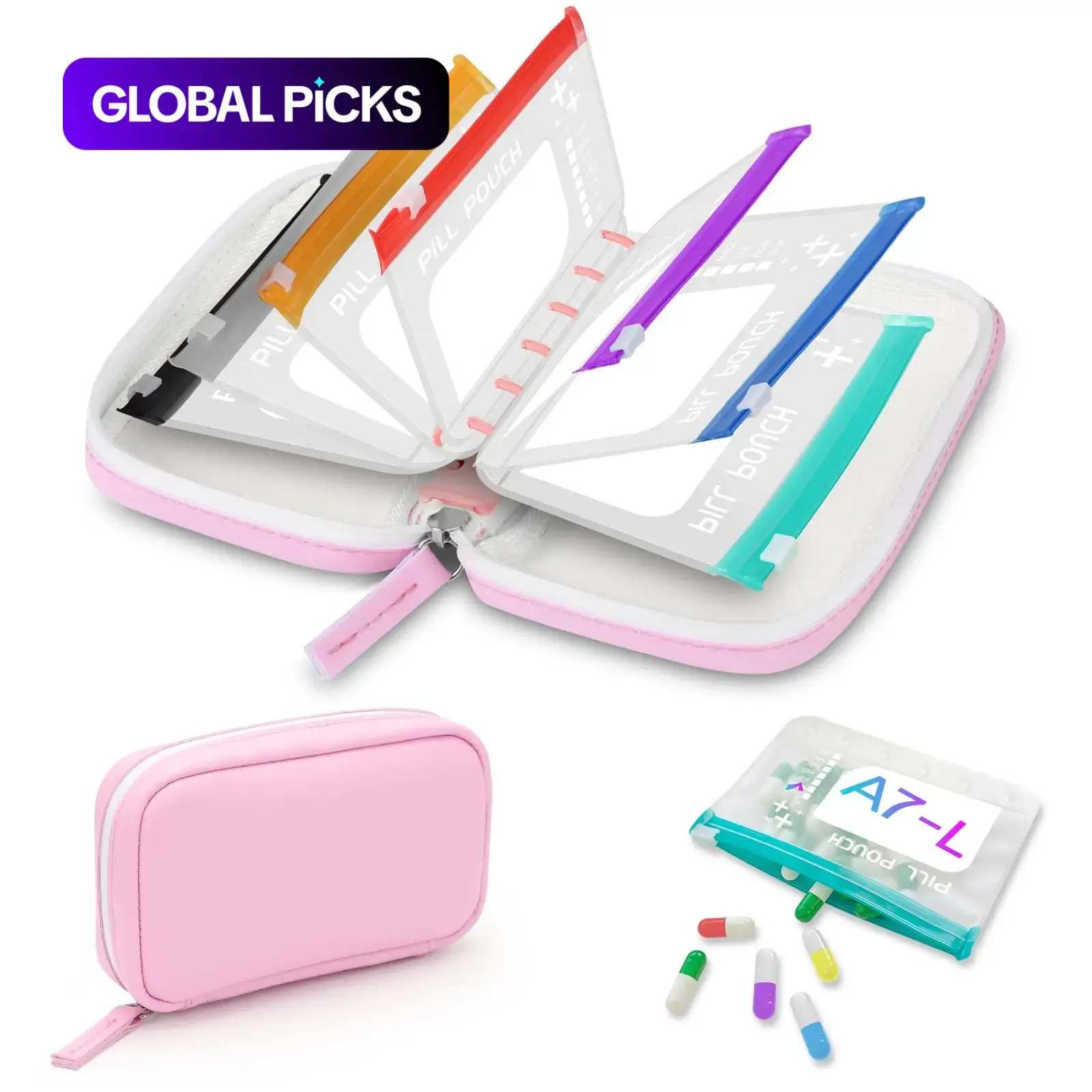 A7 Waterproof Pill Organizer with 7 Large Zippered Pill Pouches for A7 Binder, BPA-Free Weekly Medicine Storage, Color-Coded Reusable Travel Pill System, Supplement Organizer #GLOBAL PICKS