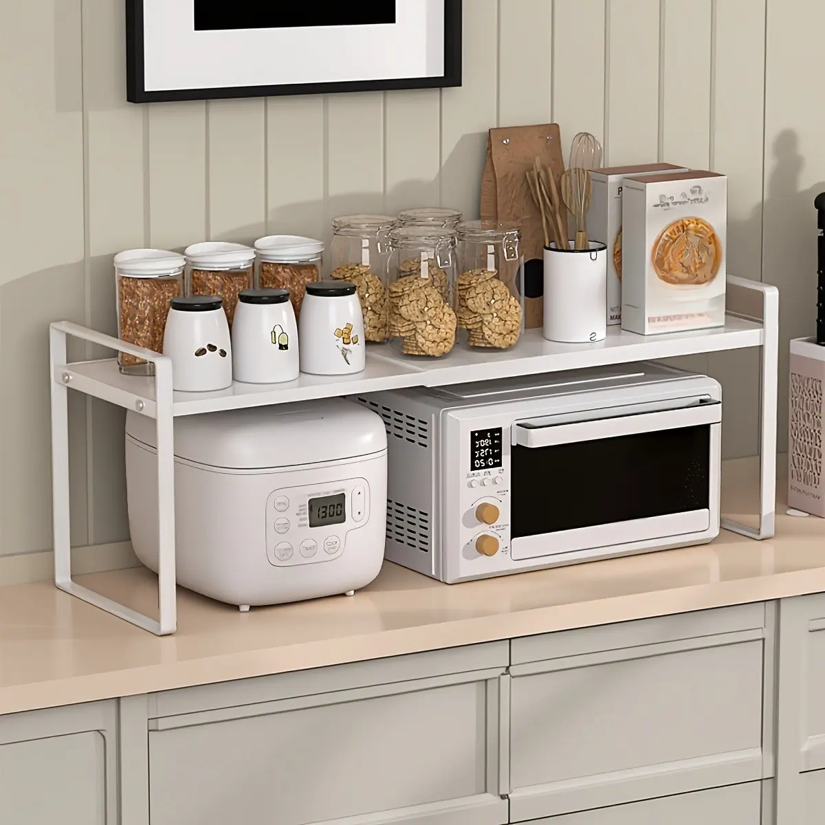 Adjustable Height Expandable Kitchen Cabinet Organizer, Carbon Steel Pull-Out Rack, Space-Saving Metal Storage Shelf