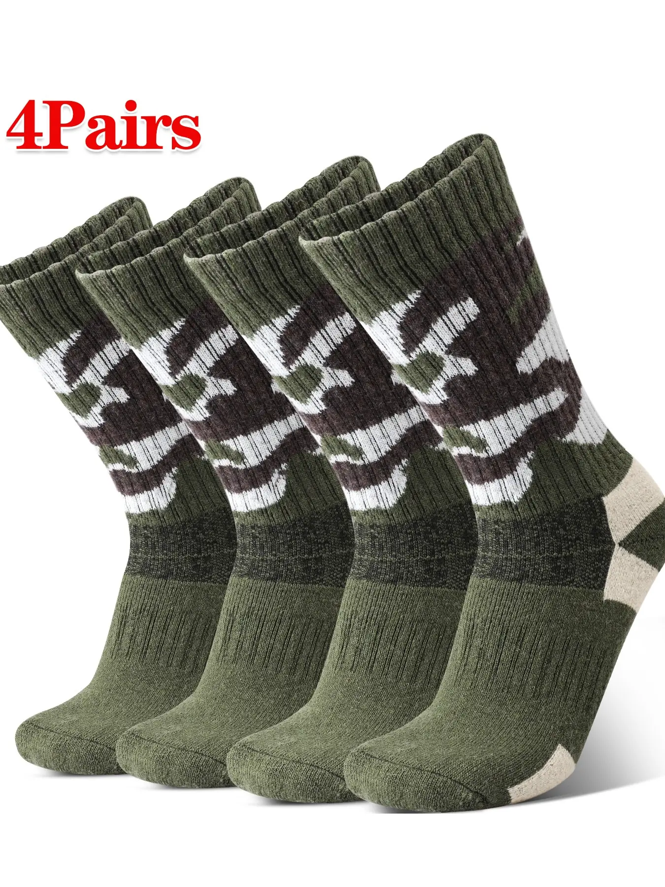 4 Pairs Men's Winter Thick Wool Socks, Camouflage Pattern, Warm Outdoor Hiking Socks, Soft Comfortable Mid-Calf Socks, High Elastic Knit Socks