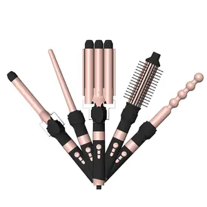 5-in-1 Interchangeable Curling & Straightening Set - Digital Display Auto-Rotating Curling Iron with 3-Barrel Waver, Multi-Functional Hair Styler for Waves, Curls & Straight Styles (with LCD Screen)