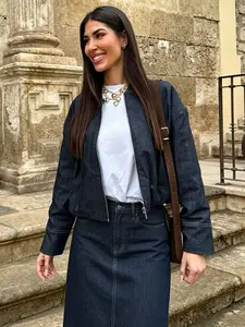 Women's All-Season Casual Everyday Basic Denim Short Flight Jacket, Stand Collar Zipper Adjustable Drawstring Waistcoat, Loose Fit Shoulder Drop, Versatile Commute Outerwear