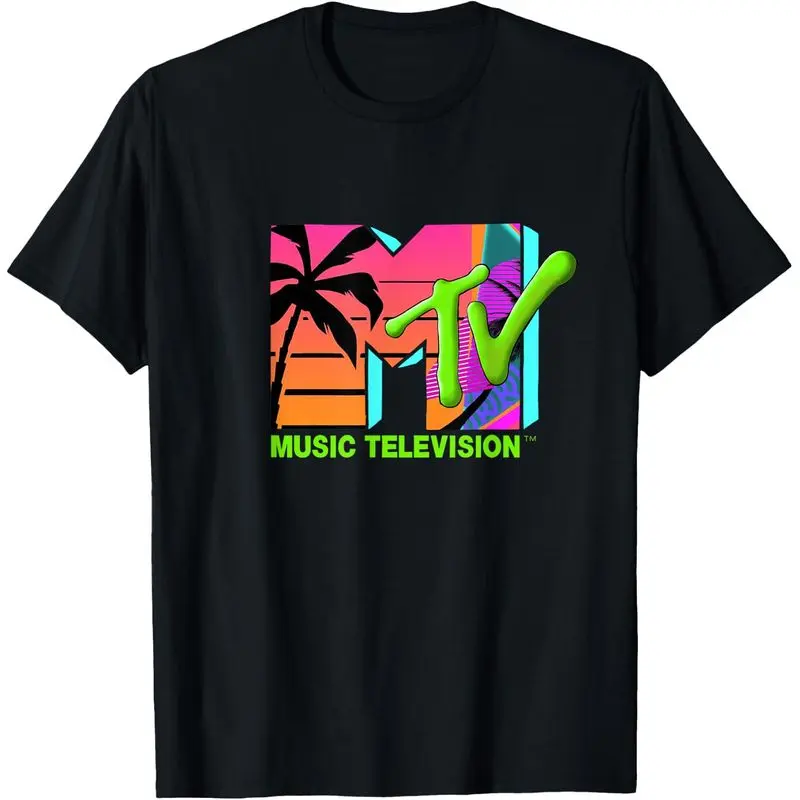 Official MTV Logo Shortsleeve Round Neck Casual Menswear Sports Top with Retro Palms in Paradise Design, Tops, Retro Print
