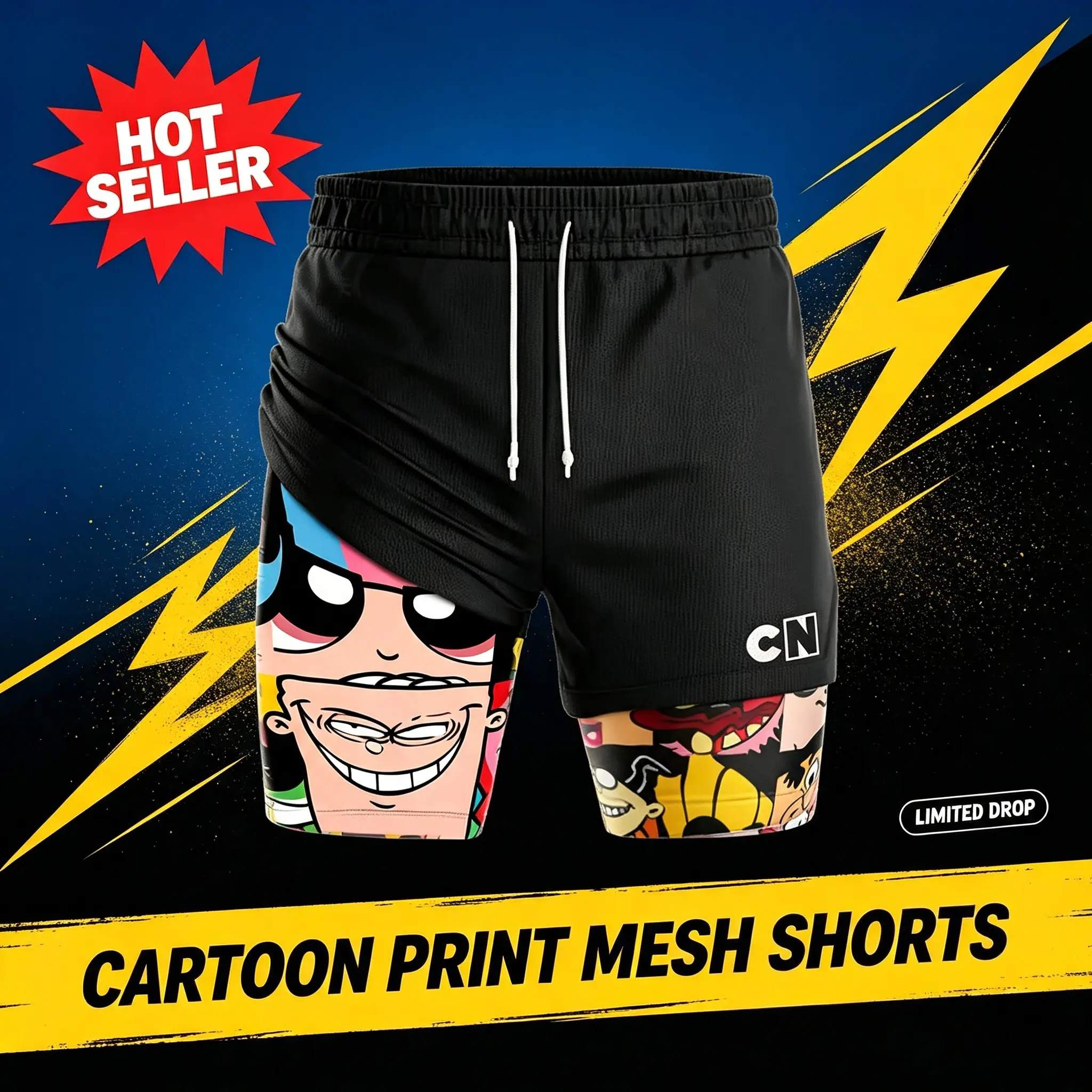 Men's Unisex Cartoon Network Character Print 2-in-1 Compression Liner Gym Shorts, Breathable Mesh Fabric Quick-Dry Athletic Wear for Running Workouts, Summer Daily Use