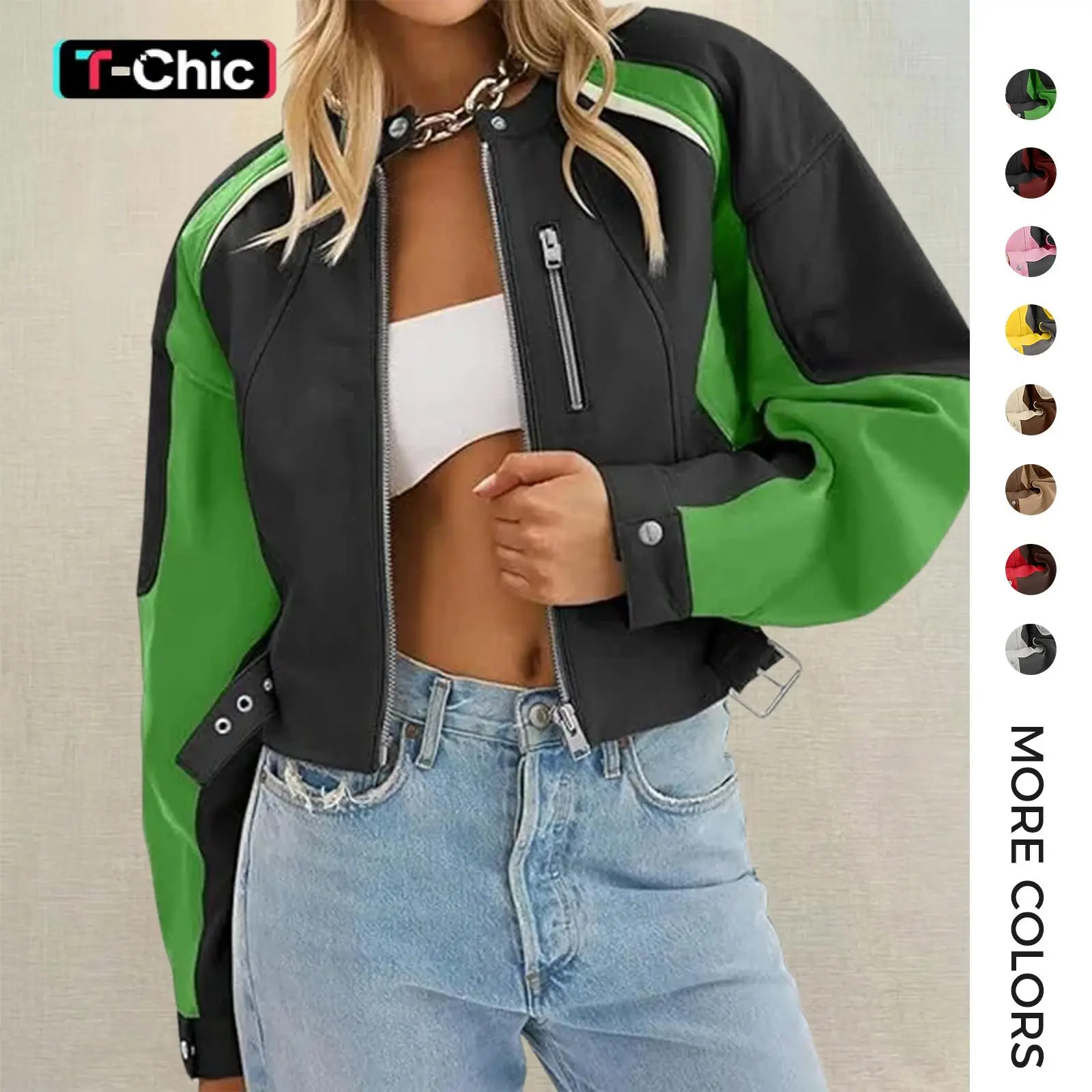 TANKANEO Women's Color Block Faux Leather Moto Bomber Jacket, Cropped Zip Up Long Sleeve Outerwear for Fall
