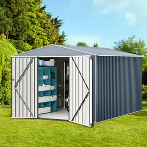 Garvee 10x10 ft Outdoor Metal Shed with Lockable Doors, Utility Storage Garden Shed, Weather Resistant Heavy Duty Tool Shed for Backyard Patio Lawn, Gray