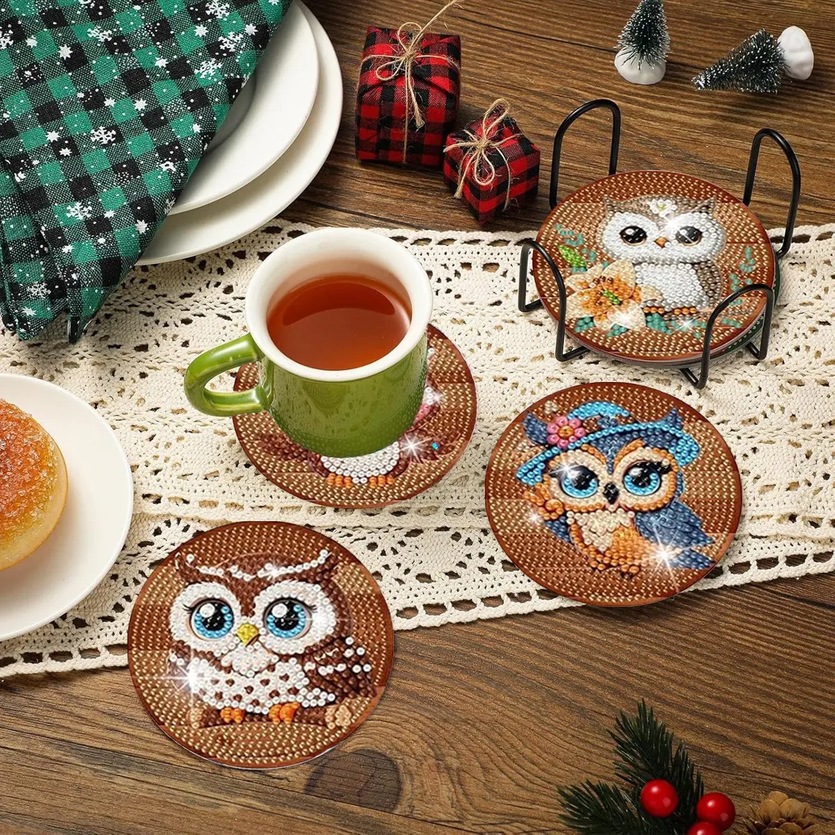 Non-Slip 5D Owl Theme Diamond Painting Coaster Set (8 Pieces), DIY Diamond Art Coasters with Storage Rack, Heat-Resistant Drink Mat for Coffee Table and Office Desk