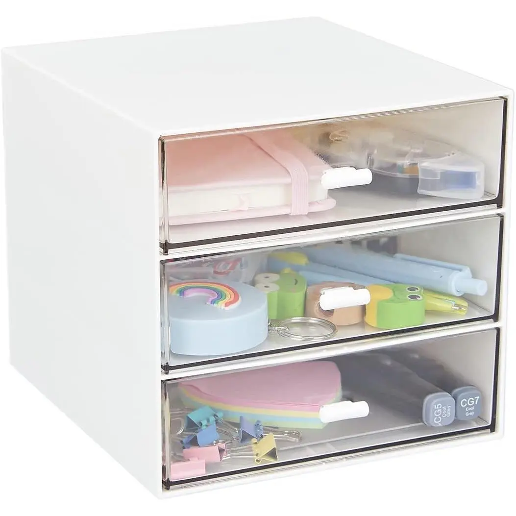 Desk Organizer with 3 Drawers, Clear Plastic Desk Storage Box, Desktop Organization for Office Supplies, Gel Pens, Pencils, Markers, Tape, Erasers, Paperclips, Chargers (White-3 Draws)Gift.