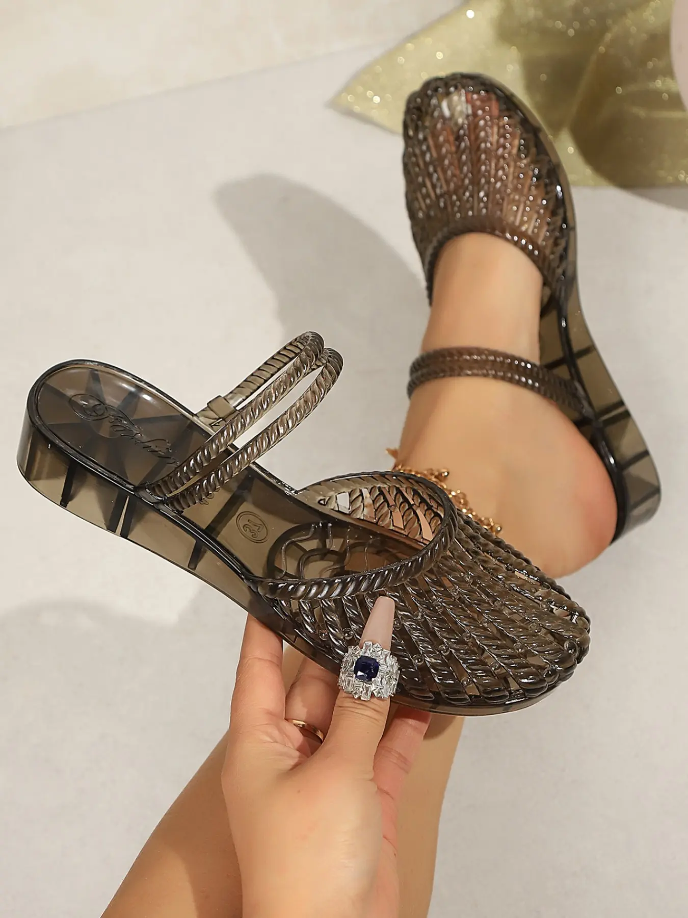 Women Clear Jelly Wedge Sandals, Hollow Out Closed Toe, Two Ways Wear Mules, Ankle Strap Platform Slides, Summer Beach Plastic Shoes