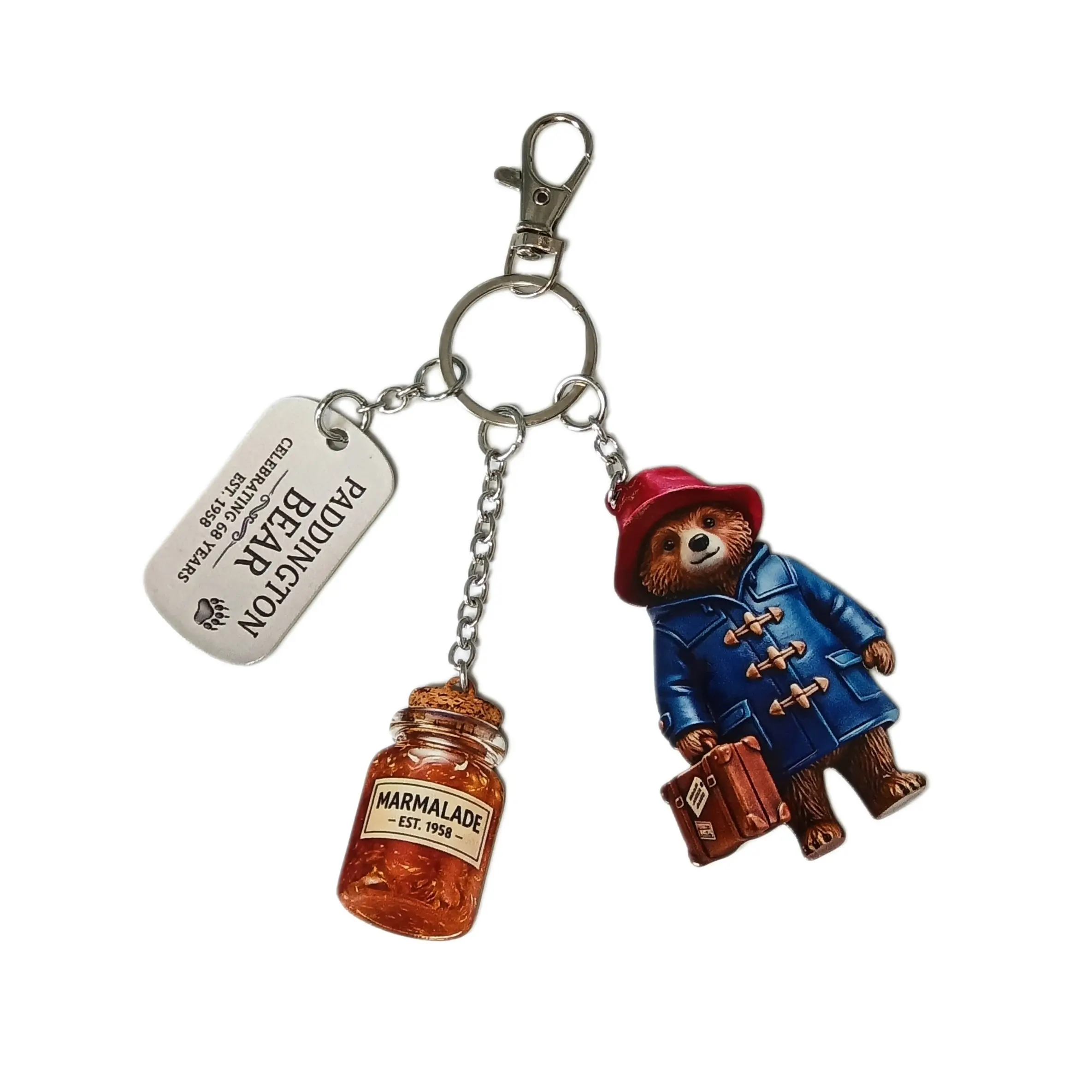 Vintage British Paddington Bear 3D Enamel Keychain, Mini Marmalade Jam Bottle & Metal Nameplate Charms, Fashion Ornament for Backpack Car Key, Key Chain For Car Keys, Lovely Gift for Girls & Students, Girly Figure Keychain, Key Accessories