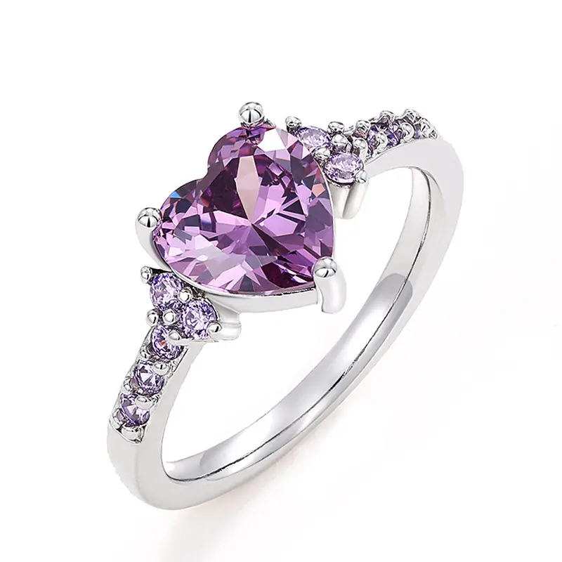 [NB] Heart Shaped Purple Cubic Zirconia Ladies Ring, Noble Elegant Pave Side Stone Bridal Wedding Ring, Hypoallergenic Silver Plated Romantic Promise Ring, Ideal Proposal, Engagement, Wedding & Anniversary Gift for Bride