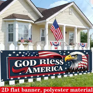 2D Flat Polyester Patriotic Banner, HD Digitally Printed Soft Lightweight Foldable Cloth Background with American Flag, Bald Eagle Head, "GOD Bless AMERICA" Text for Independence Day, 4th of July