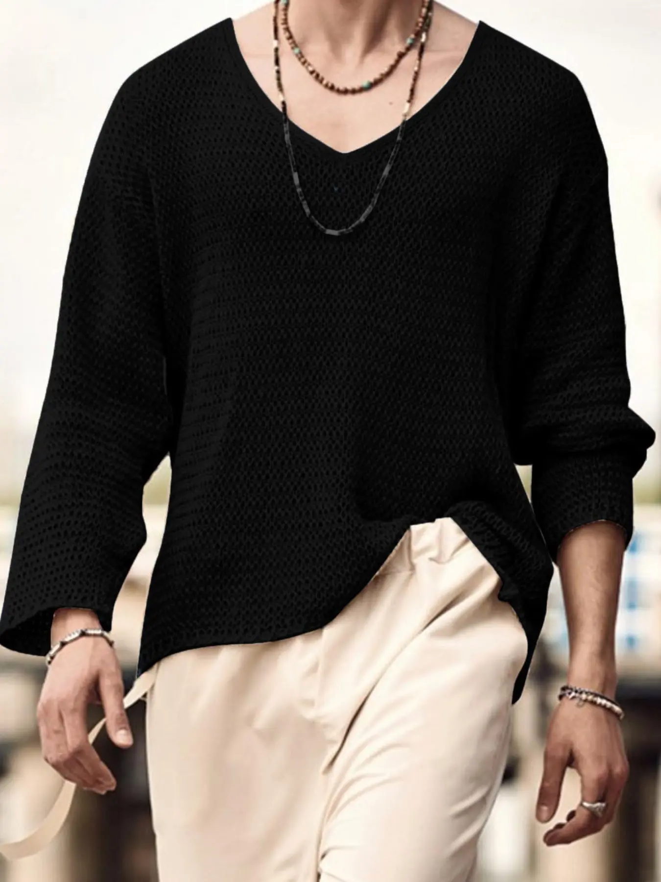 Spring Retro Vintage Solid Color Men's V-Neck Long Sleeve Shirt, Loose Fit European and American Style Sweater, Unlined Clothing