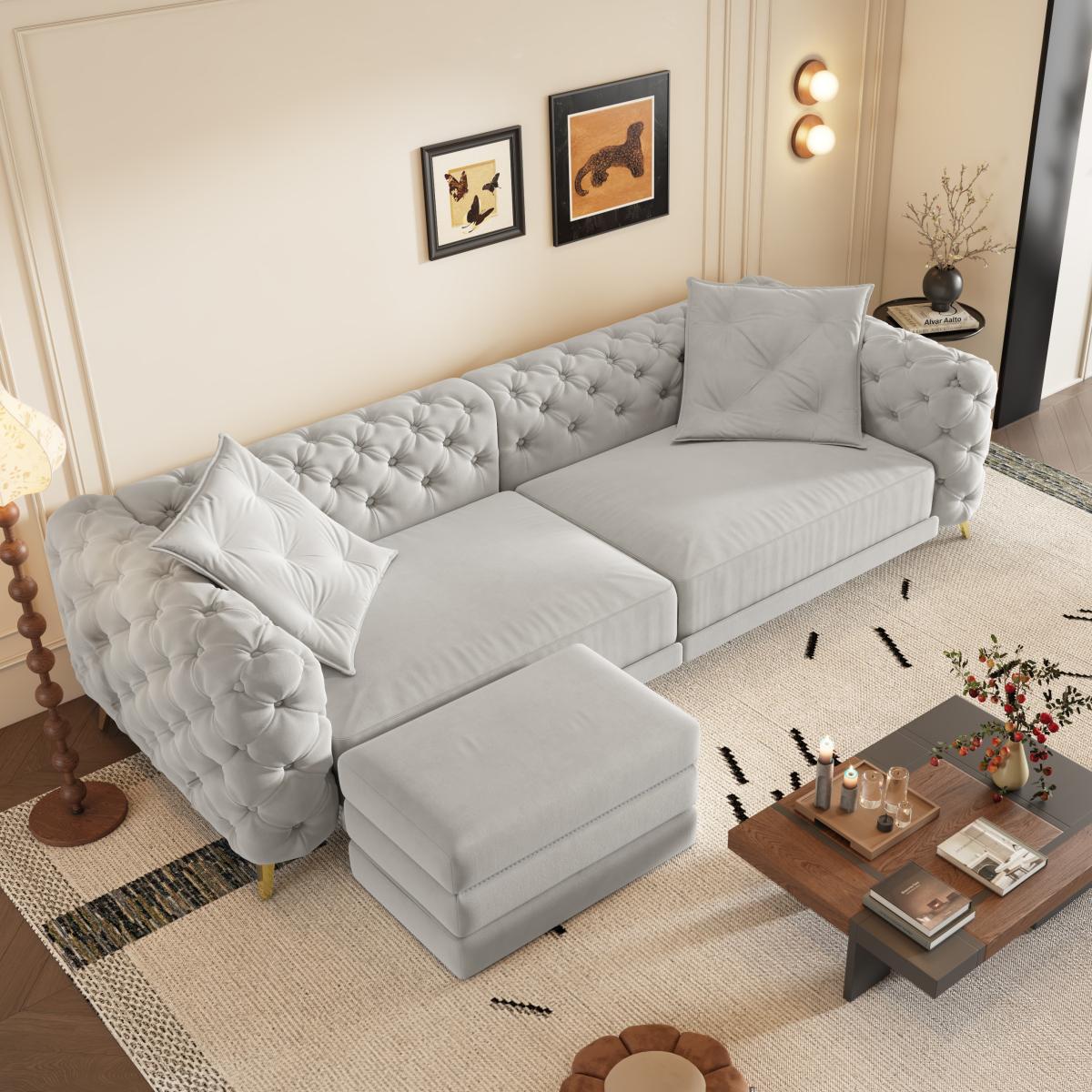 97.7" 3-in-1 Convertible Sleeper Sofa,28.4" Deep Seat Pull Out Sofa Bed,Button Tufted Modern Sofa,4-Seater Couch with Movable Ottoman  for Apartment,Office,Bedroom,Light Grey(Old SKU:W1885S00203)    RR