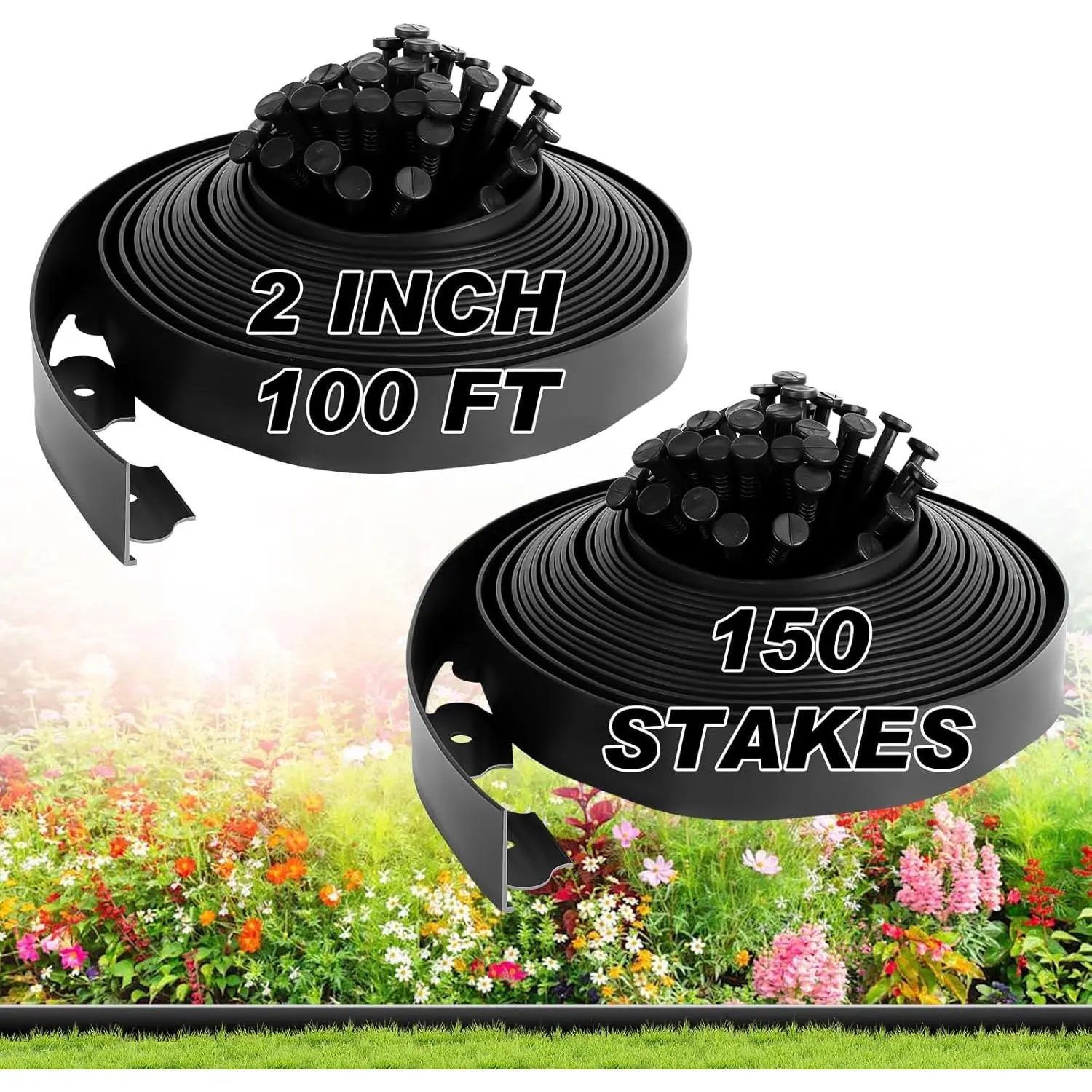 No Dig Landscape Edging 2 Inch x 100 FT, Heavy Duty Flexible Plastic Garden Border with 150 Spiral Spikes, Lawn Edging for Flower Beds, Walkways, Tree Rings, Mulch Beds and Landscaping, Black
