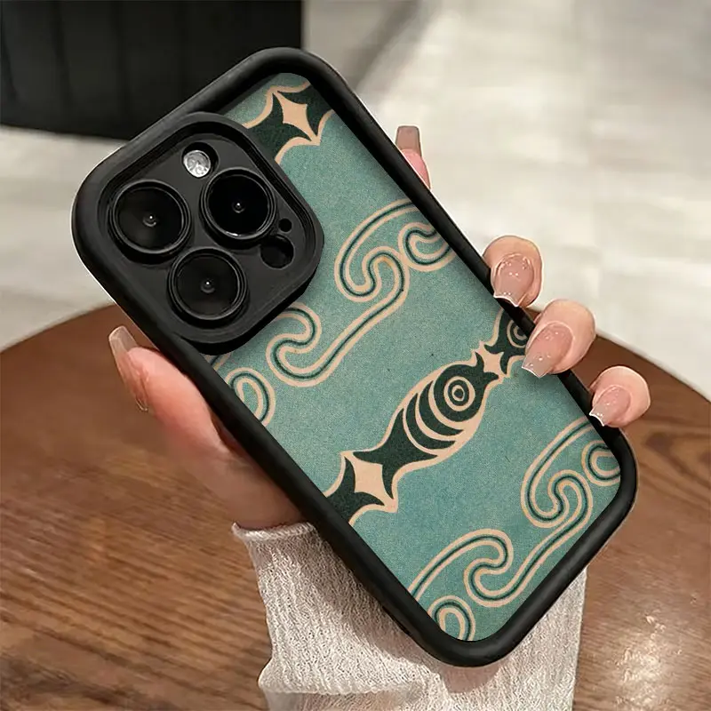 Vintage Teal Tribal Fish Wave Repeat Pattern Phone Case, Antique Folk Print Style for iPhone 17 16 15 14 13 12 11 Plus Pro Max, Retro Ocean Decor Gift