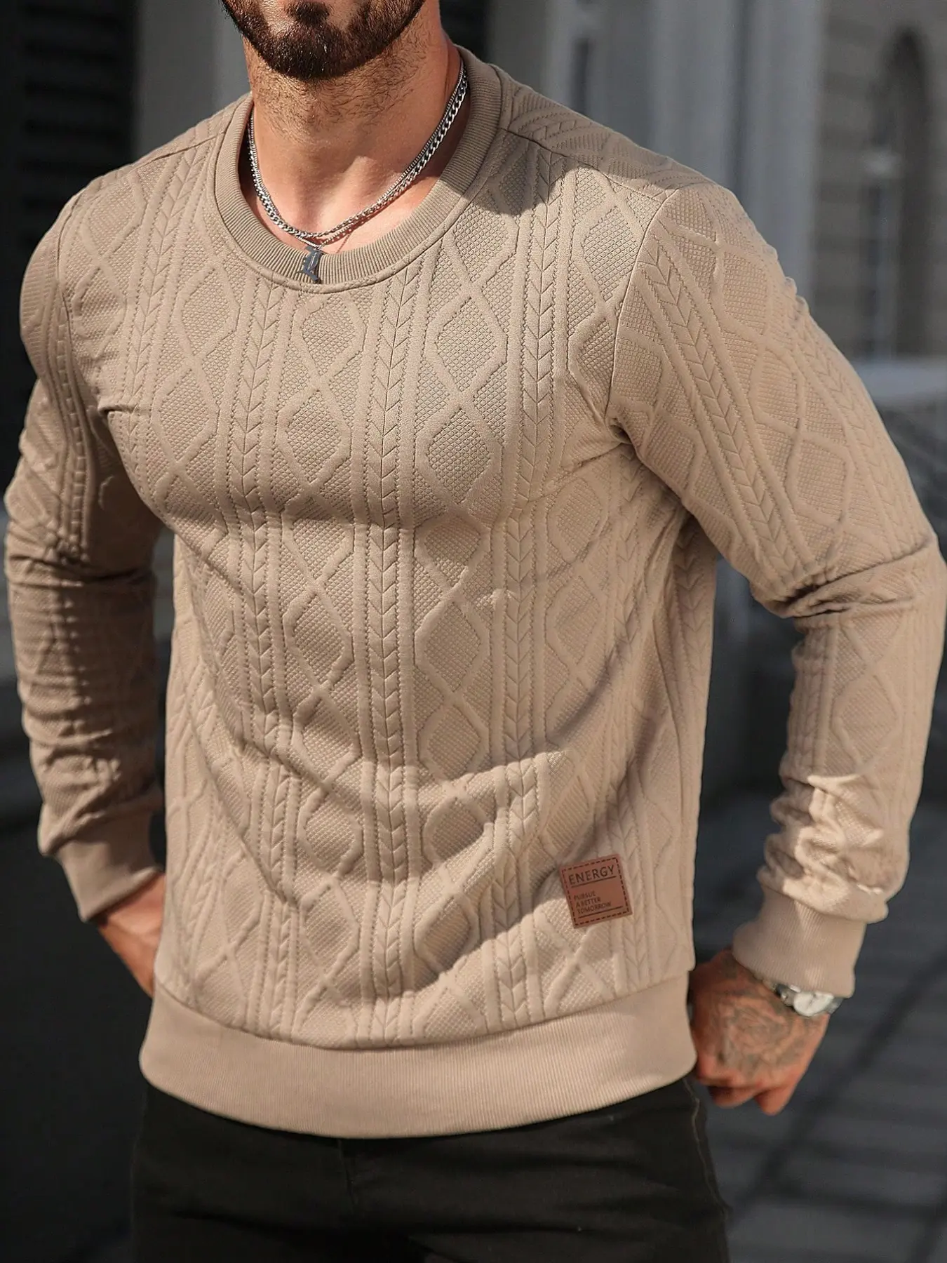 2026 Trendy Men's Beige Cable Knit Diamond Pattern Sweatshirt Long Sleeves | Slim-Fit Stylish Casual Pullover for Daily & Street Wear