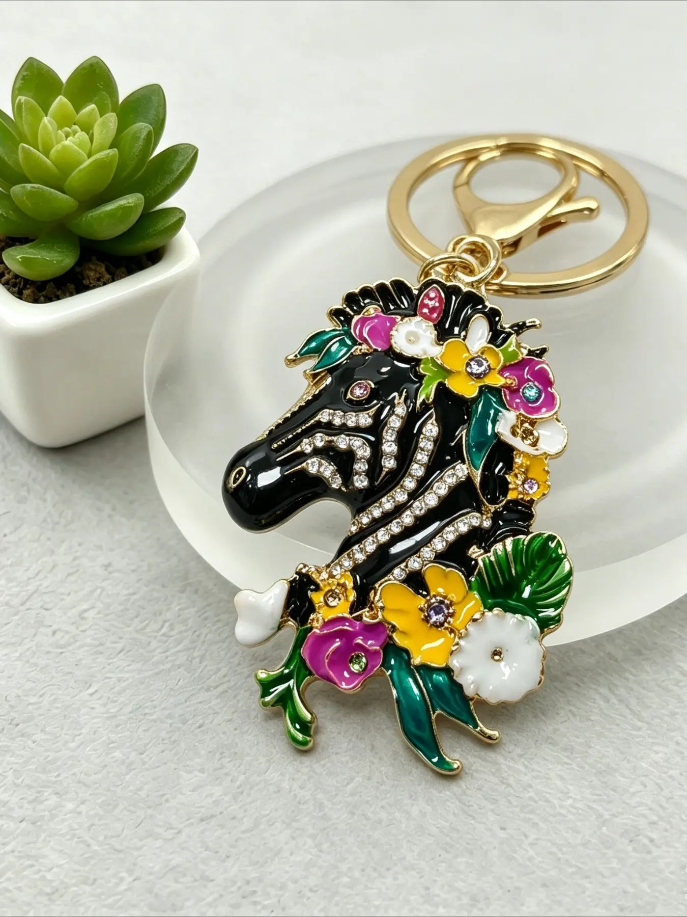 1PC Floral Zebra Horse Head Keychain Enamel & Rhinestone Animal Key Ring Pendant for Bag & Keys, Boho Accessory