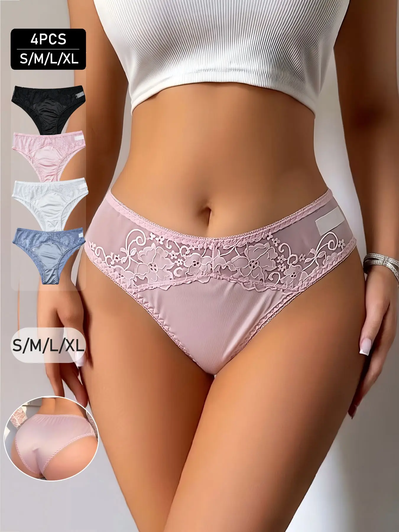 4pcs/5pcs Women's Satin Lace Mesh Underwear, Sexy Slim-Fit Panties, Plain Design, All Seasons, Casual Style, Comfortable & Stylish
