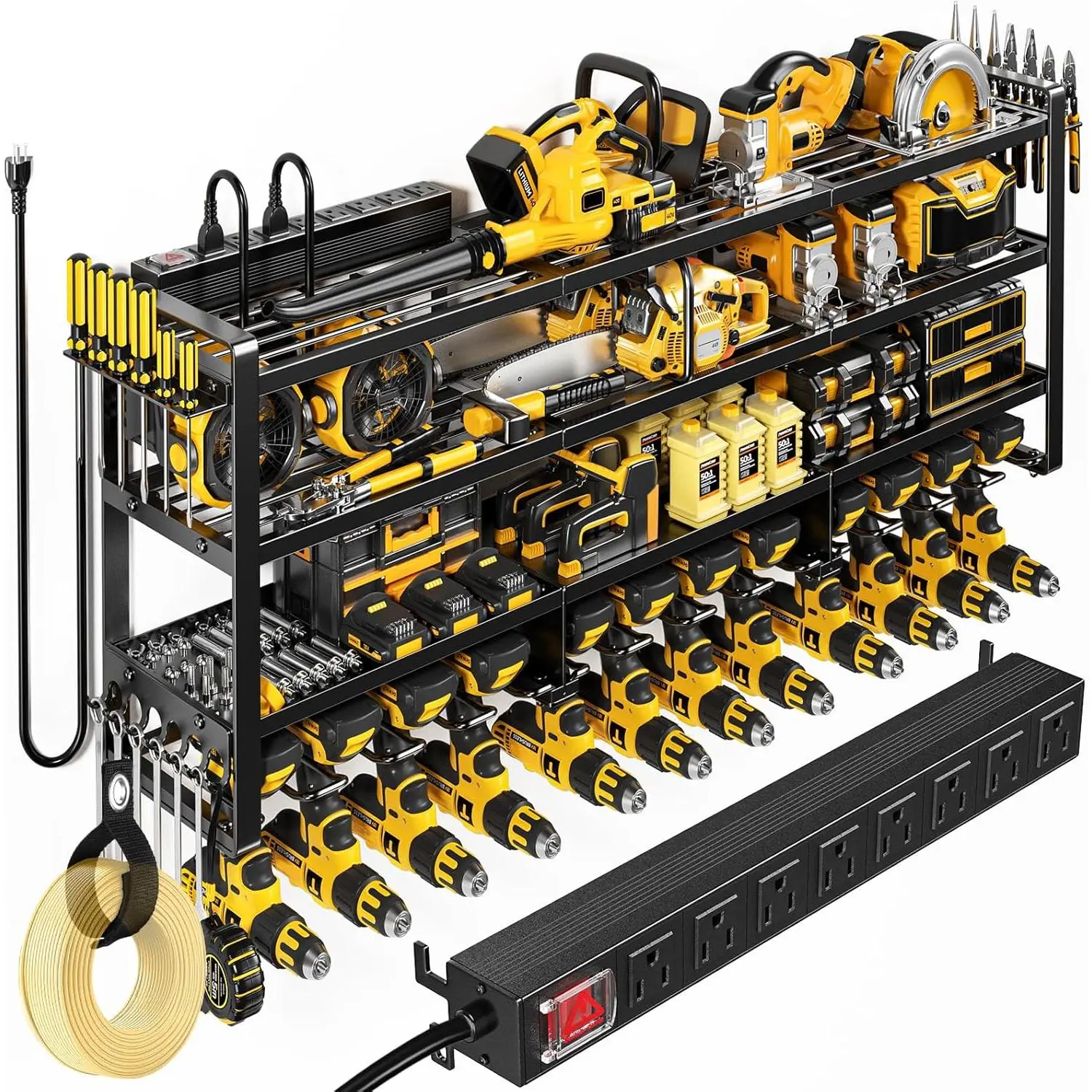 49.5" W Large Power Tool Organizer Wall Mount with Charging Station, 4 Tier Heavy Duty 12 Cordless Drills Holder Load 800 lb, Tool Battery Storage Rack Built in 8 Outlet Power Strip  Garage