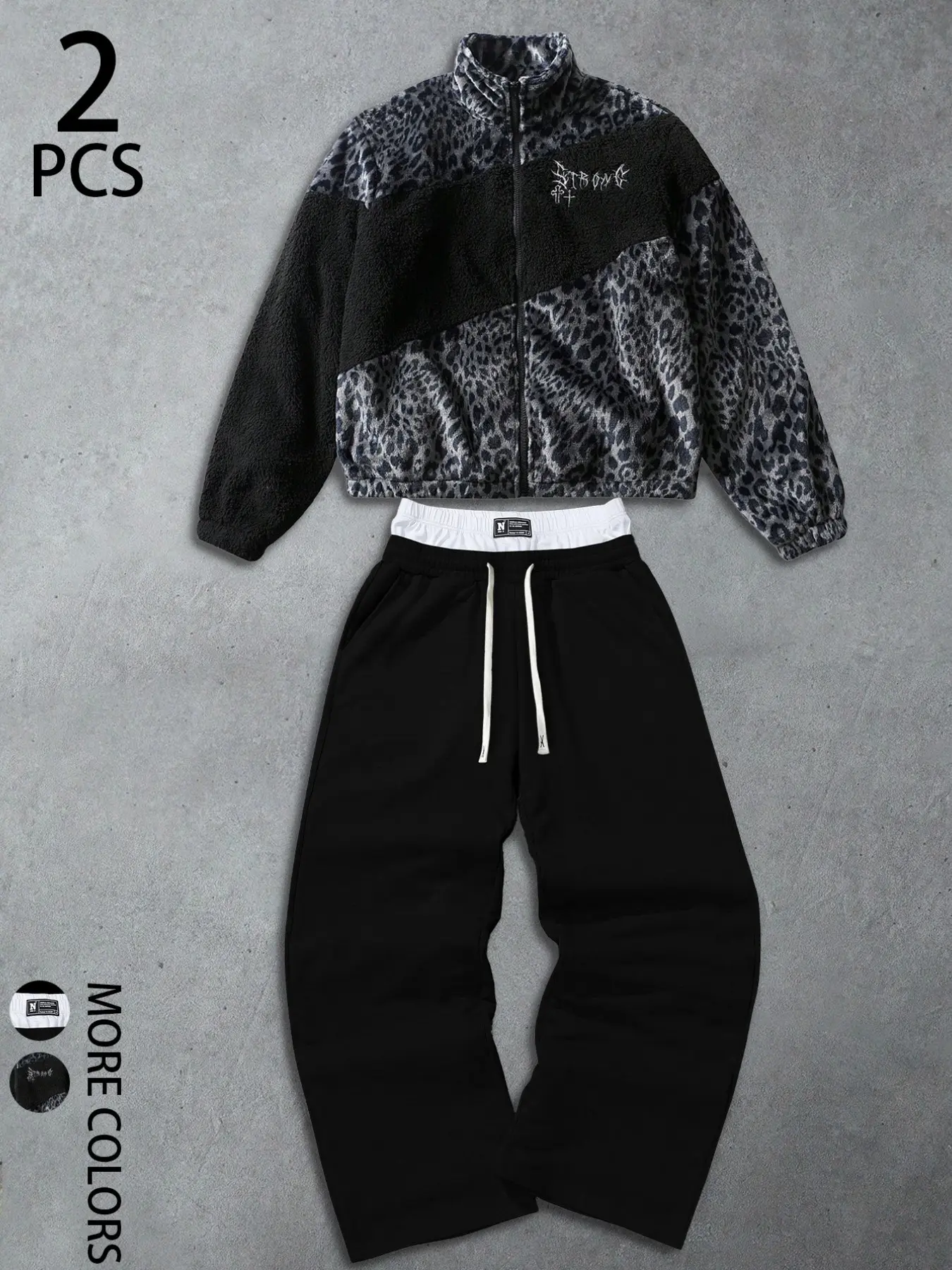 Men Y2K Streetwear 2 Piece Set Colorblock Leopard Fleece Zip Jacket and Double Waistband Baggy Sweatpants Tracksuit for Autumn Winter Daily Fashion