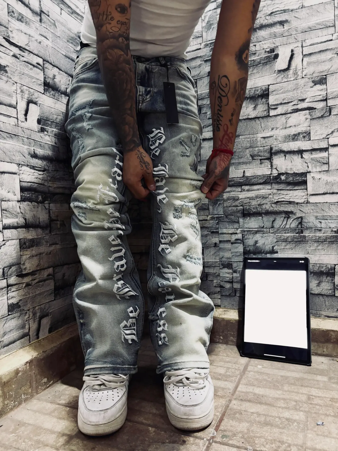 Men's Embroidered Jeans, Micro Flare Denim Jeans, Letter Stitching, Tight Fit, Ripped Bell Bottoms, Washed Y2K Style, All Seasons