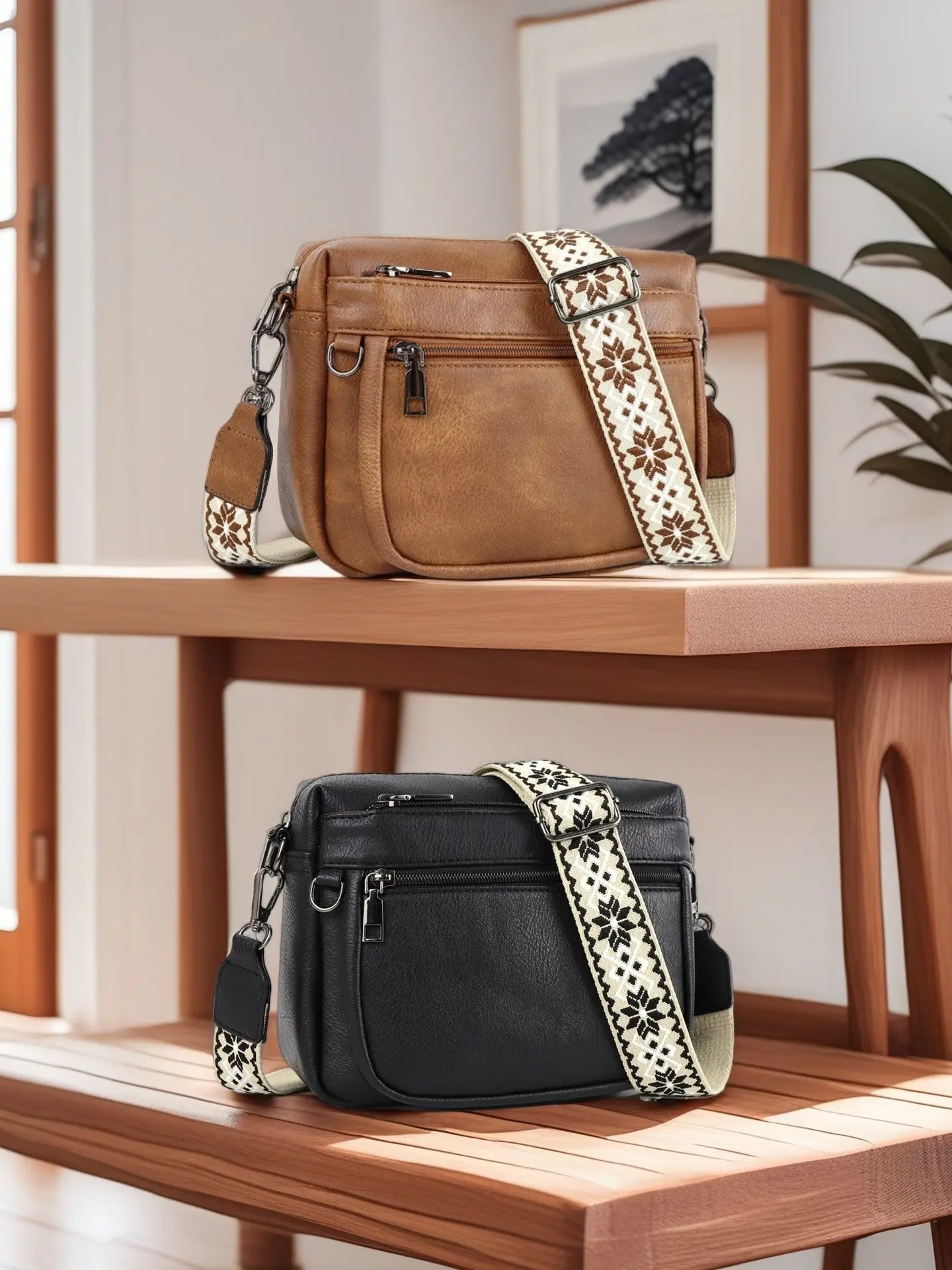 Women's Vintage Crossbody Bag with Wide Woven Strap, Retro Shoulder Bag, Multi-Pocket Crossbody Backpack, Fashionable Ladies' Accessory