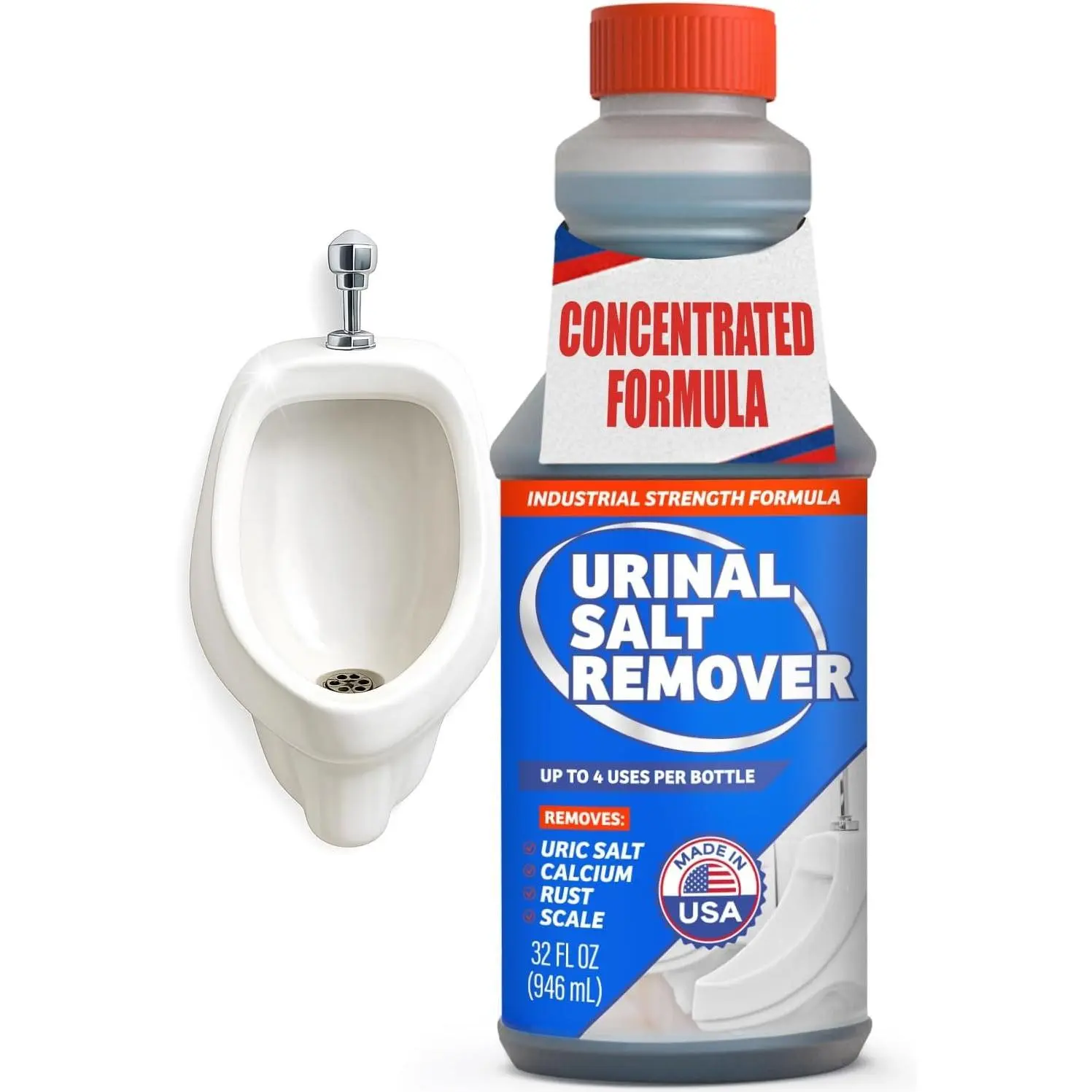 Commercial Grade Urinal Salt & Calcium Rust Scale Build-Up Remover, Odor Neutralizer Spray, Plumbing & Household Safe, Made in USA - 32 fl oz
