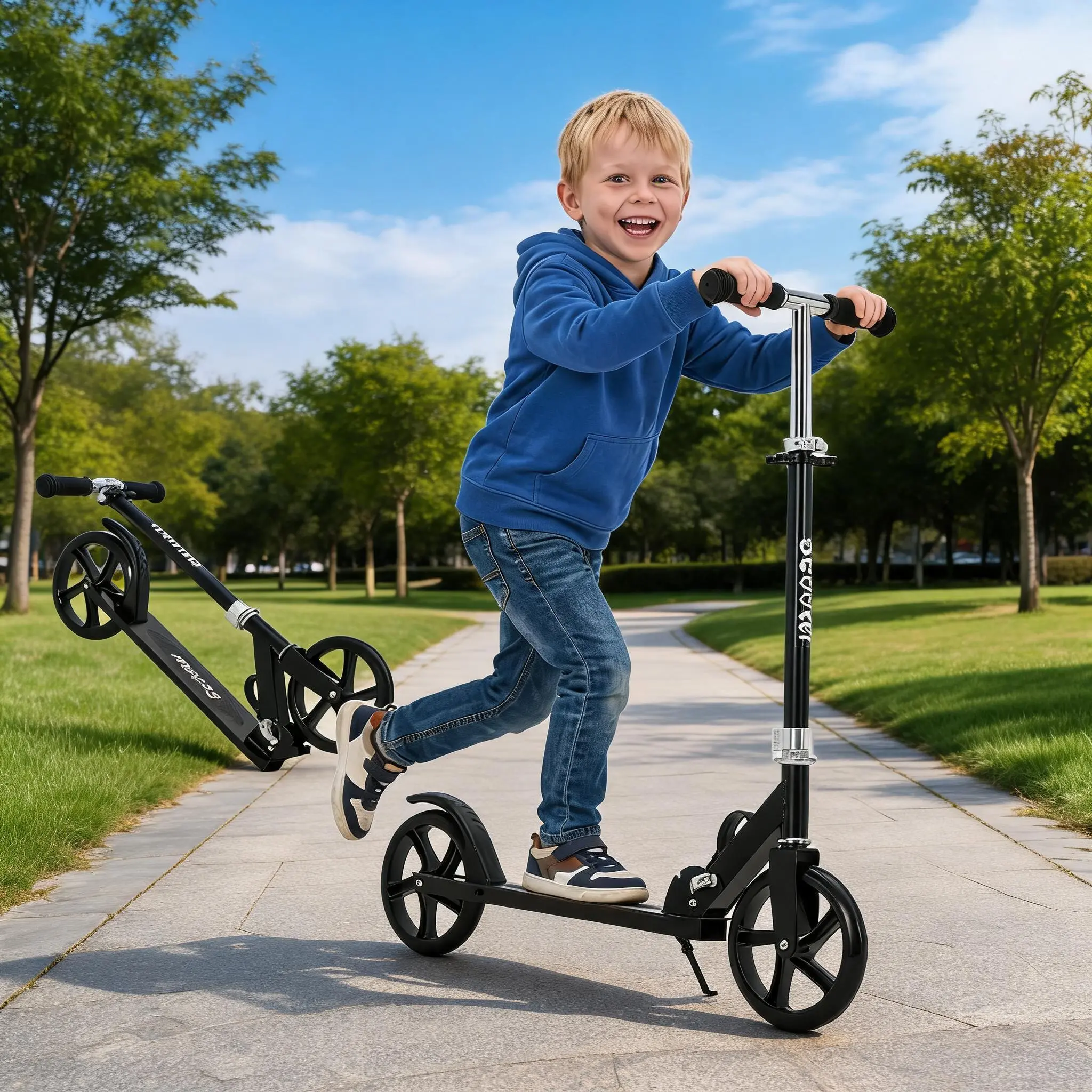 Lightweight Collapsible Kids Kick Scooter, 2 Large Wheels, 4-Level Height Adjustable Handlebar, Portable Easy to Carry Scooter for Beginner Boys & Girls Ages 6+, European Black