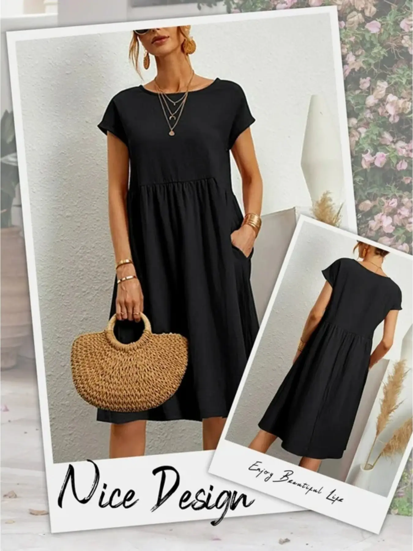 2026 Women Summer Cotton Linen Solid Gauze Dress, Loose Casual Beach Vacation Flowy Midi Dress with Pockets, Comfortable and Stylish