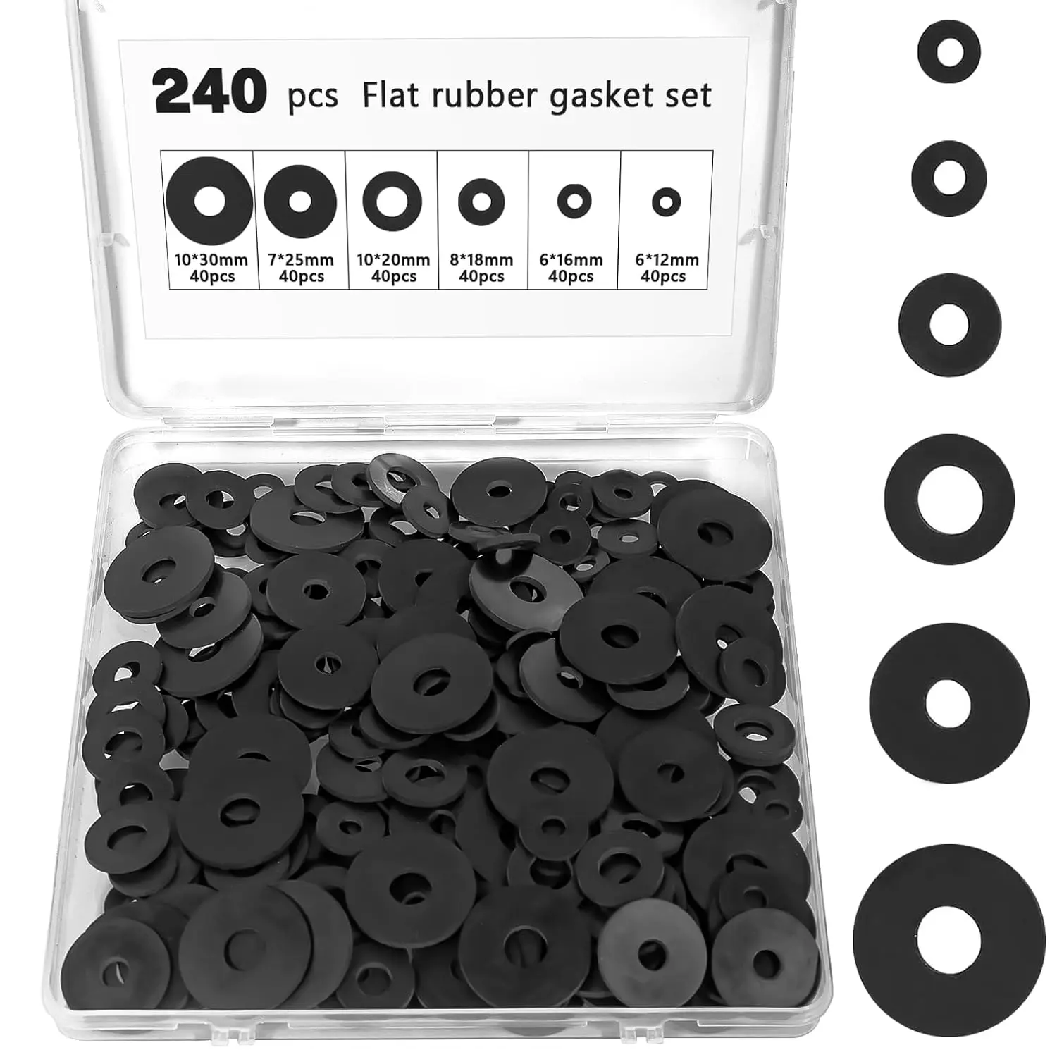 240 count Rubber Washers  Kit, 12/16/18/20/25/30 mm Black Rubber Gasket, Vibration Absorbing Sealing Washer for  Faucets Screws Garden Hose Shower  (6 Sizes)