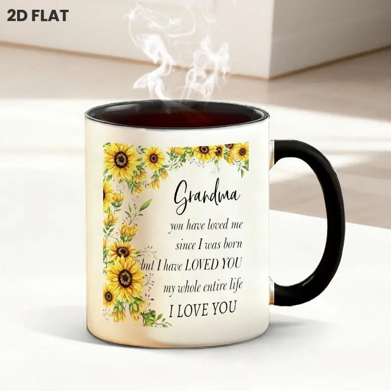 11oz Sunflower Floral Grandma Quote Coffee Mug, Warm Gratitude Graphic Design White Ceramic Drinking Cup, Perfect Sentimental Gift for Grandmother for Daily Kitchen & Home Drink Use