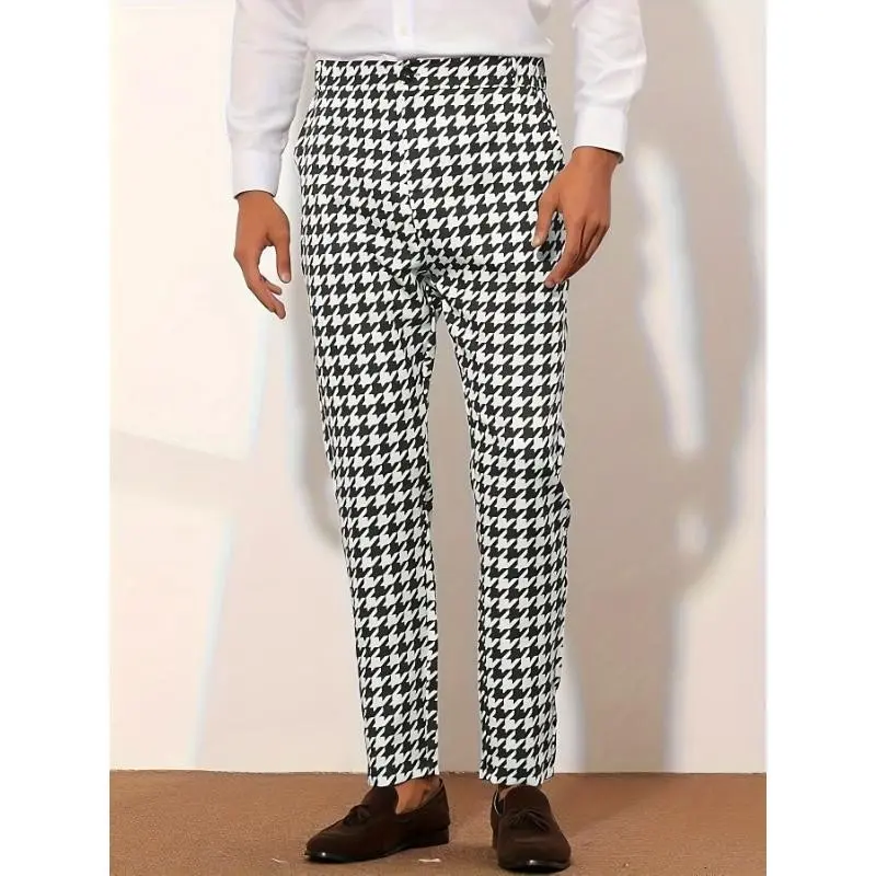 Men's Houndstooth Dress Pants - Slim Fit, Stretch Fabric, Button Detail, Machine Washable, Versatile for Casual and Semi-Formal Occasions, Modern Tailored Polyester Blend Trousers