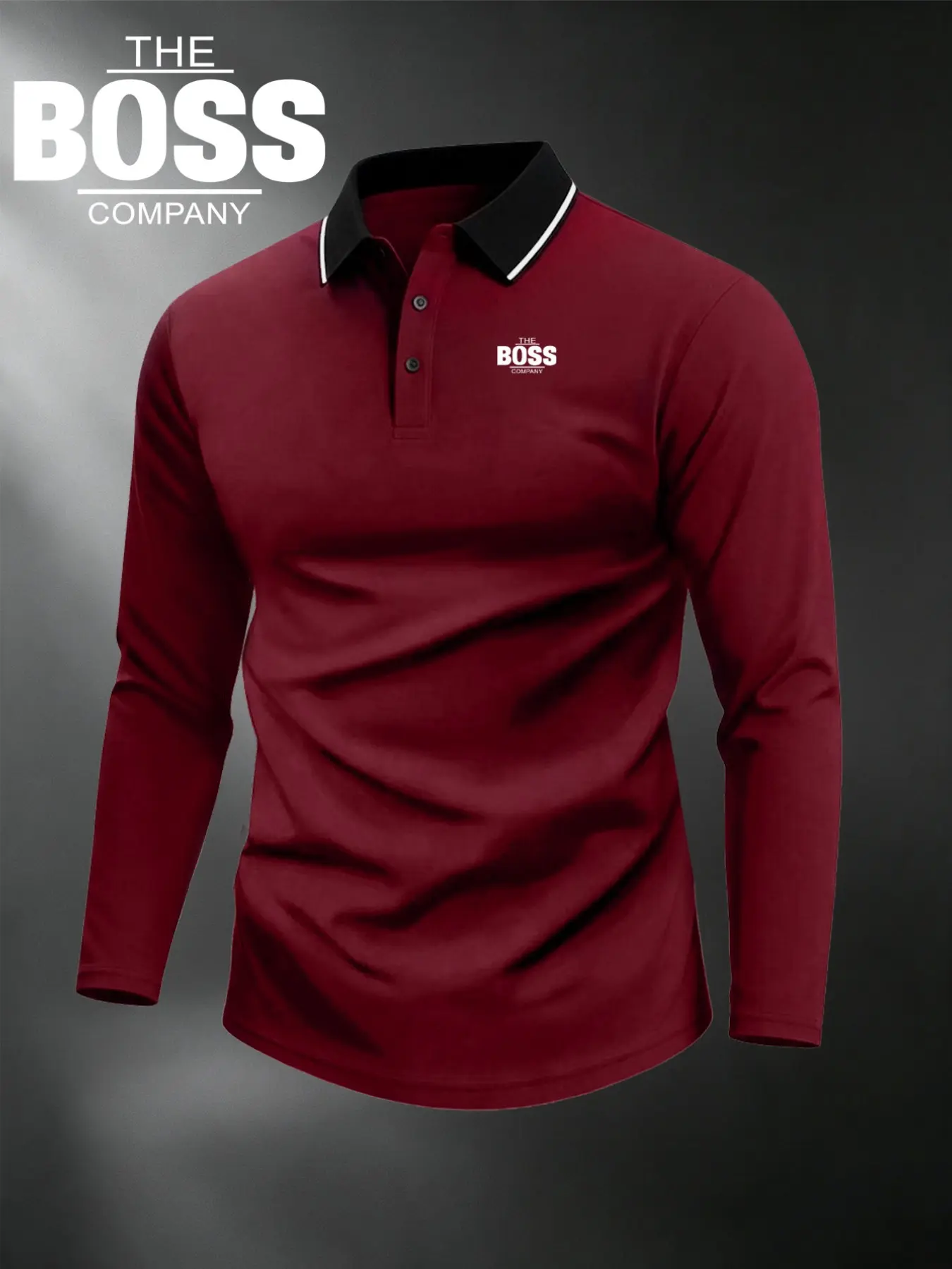 Men's Golf Long Sleeve Polo Shirt, New the Boss Logo Print, Fitted Collar, Elastic Casual Breathable, All-Season Comfortable High-Quality Top