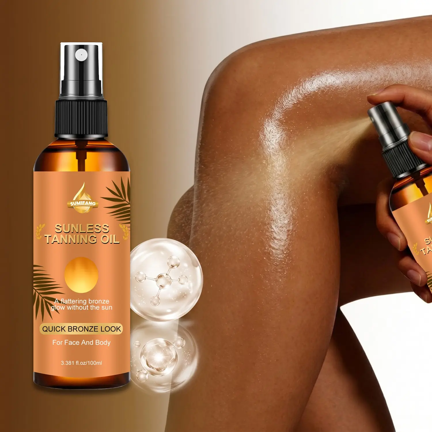 SUMIFANG No-Sun Sunless Self Tanning Spray Oil Fake Tan 100ml Face Tanner – Contains salicylic acid + caprylic/capric triglycerides for a captivating bronze glow | Spreads evenly without clumping. Suitable for face and body.