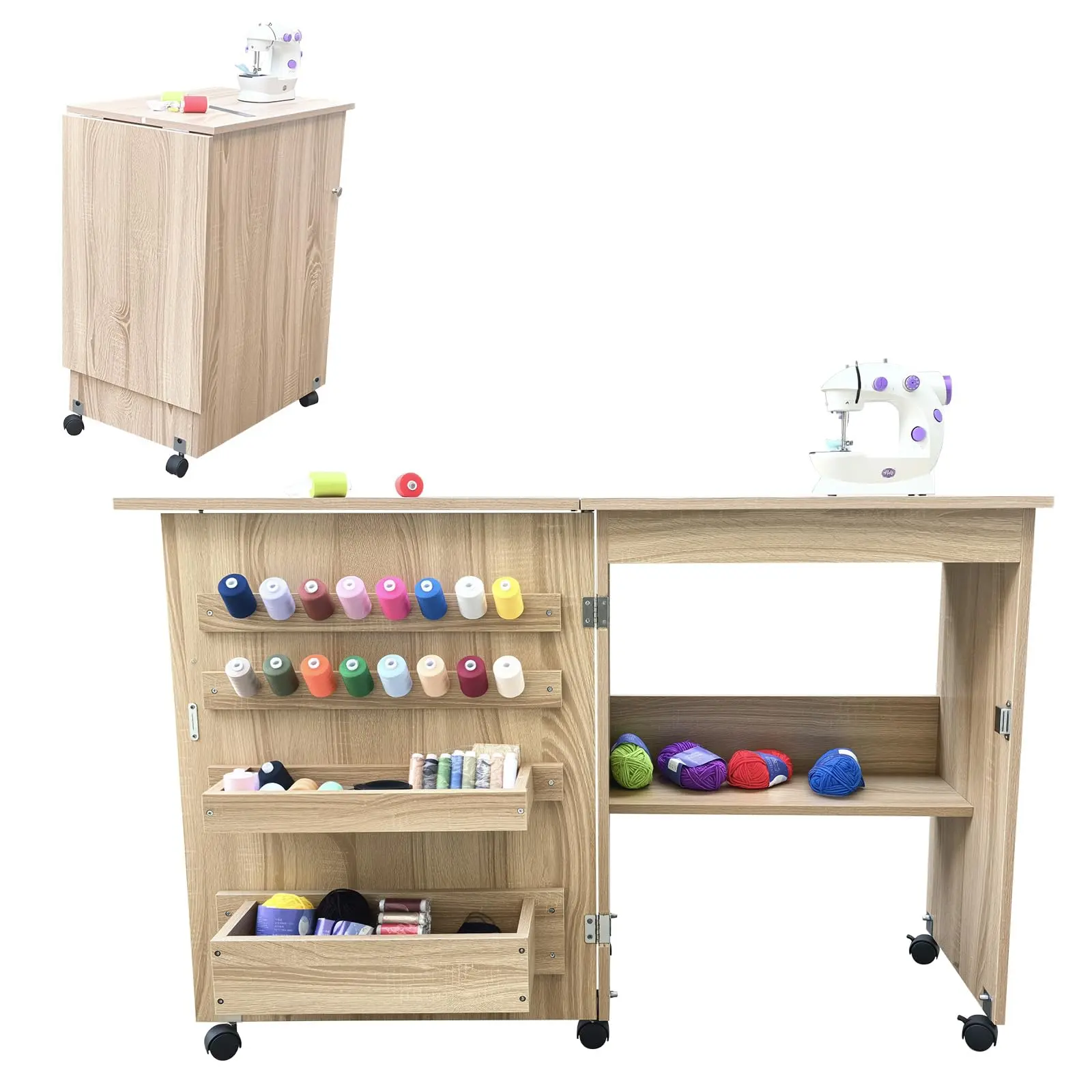 Garvee Folding Sewing Table with Wheels, Multipurpose Craft Station & Side Desk Featuring Compact Design, Storage Shelves, Trays, Wooden Pegs, and Magnetic Doors for Organized Workspace