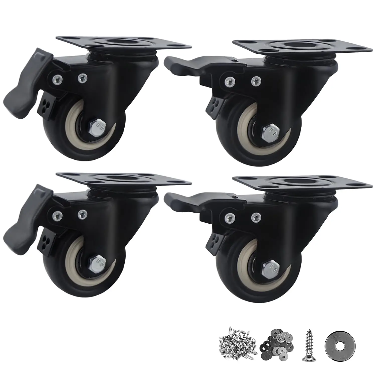 2 Inch Caster Wheels,Set of 4 Heavy Duty Casters,with ,No Noise Locking Polyurethane (PU) Wheels, for Furniture and Workbench Load 800lbs