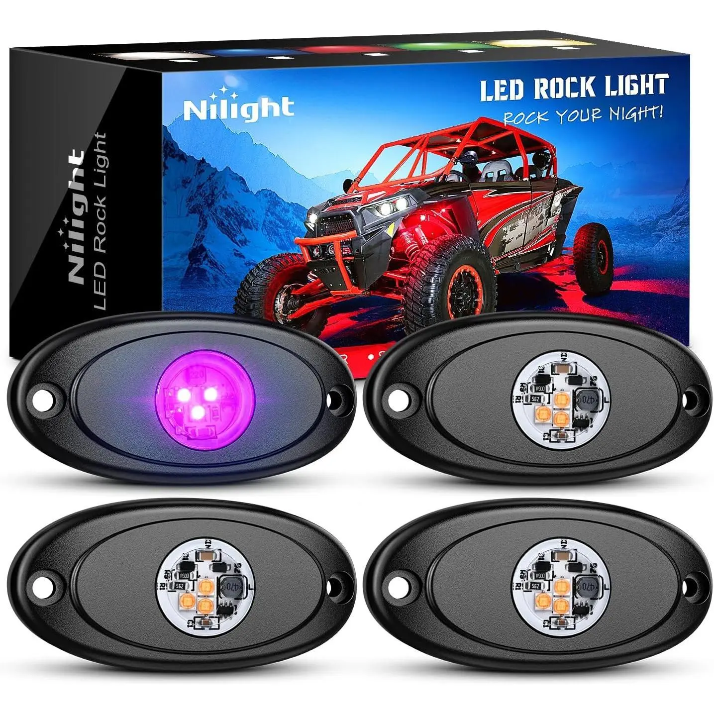 Nilight 4PCS LED Rock Lights, Aluminum Housing Bright Underglow Lamps, IP68 Waterproof Exterior Underbody Pods, 12V-24V Universal Fit Safe Accessory for Cars, Trucks