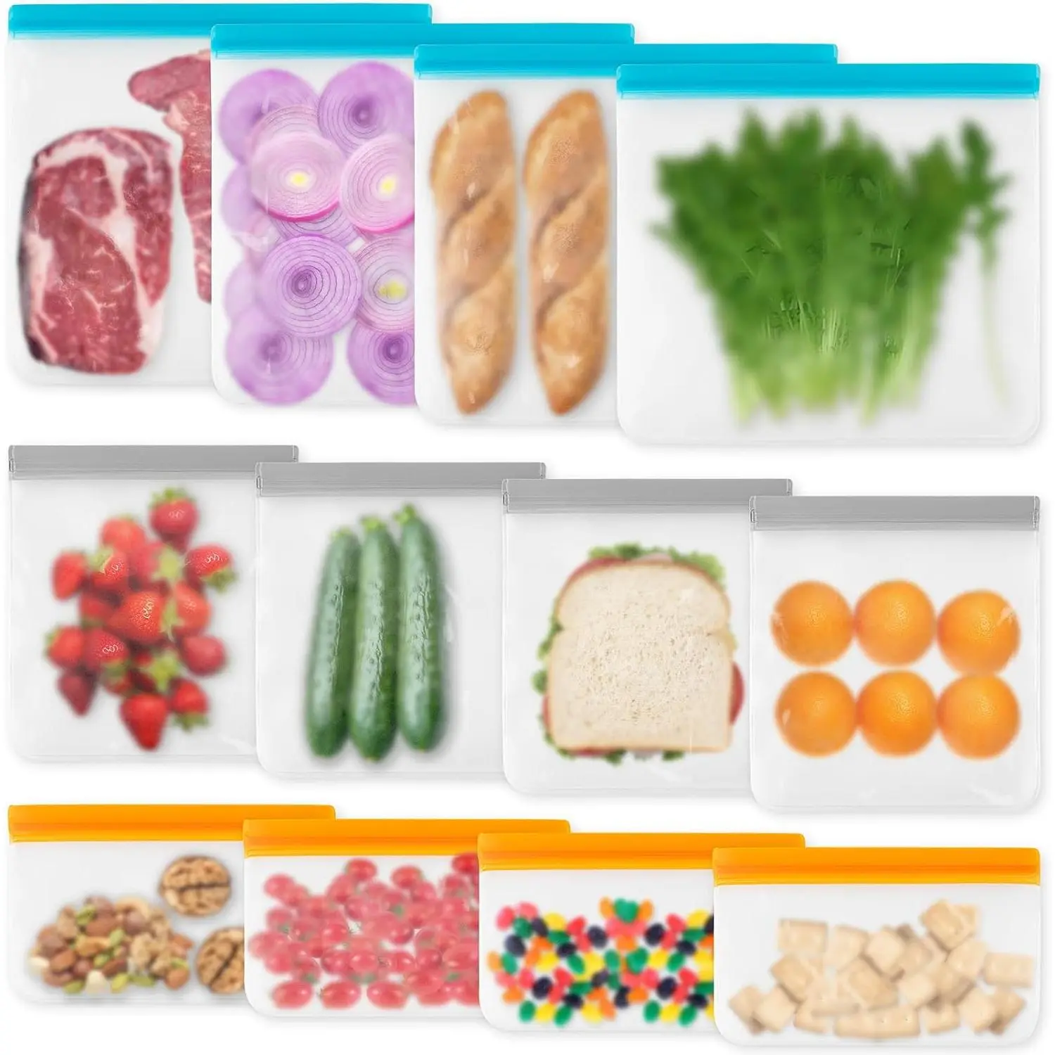 Pack Reusable Freezer Bags Dishwasher Safe, Leakproof Food Storage Bags, Silicone Bags for Food Storage Home Organization (4 Reusable Snack Bags 4 Sandwich Bags 4 Gallon Freezer Bags)
