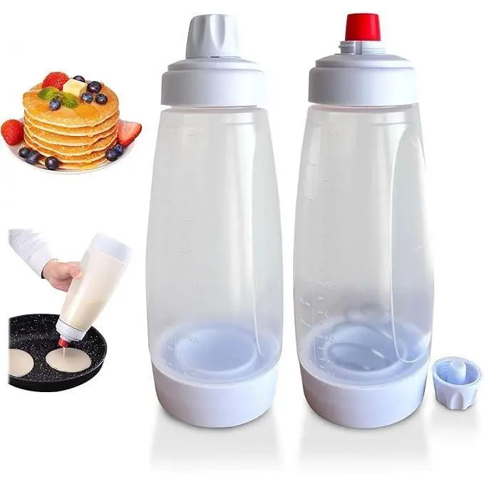 2-Pack Pancake Batter Mixer & Dispenser Squeeze Bottles - Silicone Utensils with Metal Detachable Stainless Whisk Ball, Wide Opening, Essential Spring Kitchen Gadgets for Pancakes, Muffins