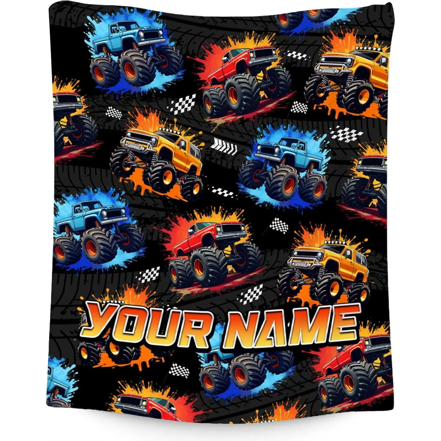 Monster Truck Graffiti Flannel Throw Blanket, Custom Name Boys Blanket with Street Racing Cars & Tire Track Design, Soft Cozy Warm Kids Blanket for Bed, Couch, Nursery, Birthday & Gift for Boys