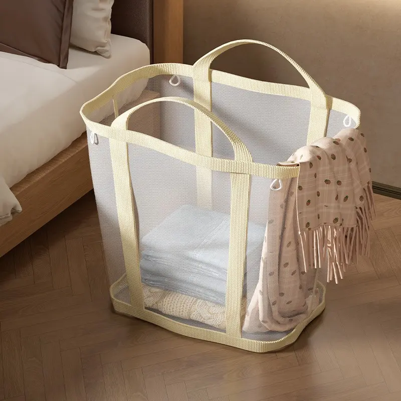 1Pc Breathable Mesh Laundry Basket With Reinforced Carry Handles, Freestanding Transparent Storage Hamper For Dirty Clothes, Toys & Sundries In Bathroom & Bedroom, Foldable Clothing Organizer Bin, Back-To-School Season, Black Friday, Christmas Season.