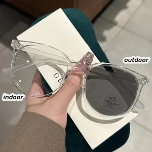 Photochromic Anti Blue Light Myopia Glasses Ultra Light Large Round Frame Near Sight Glasses Finished Minus Eyewear 0 To -4.0