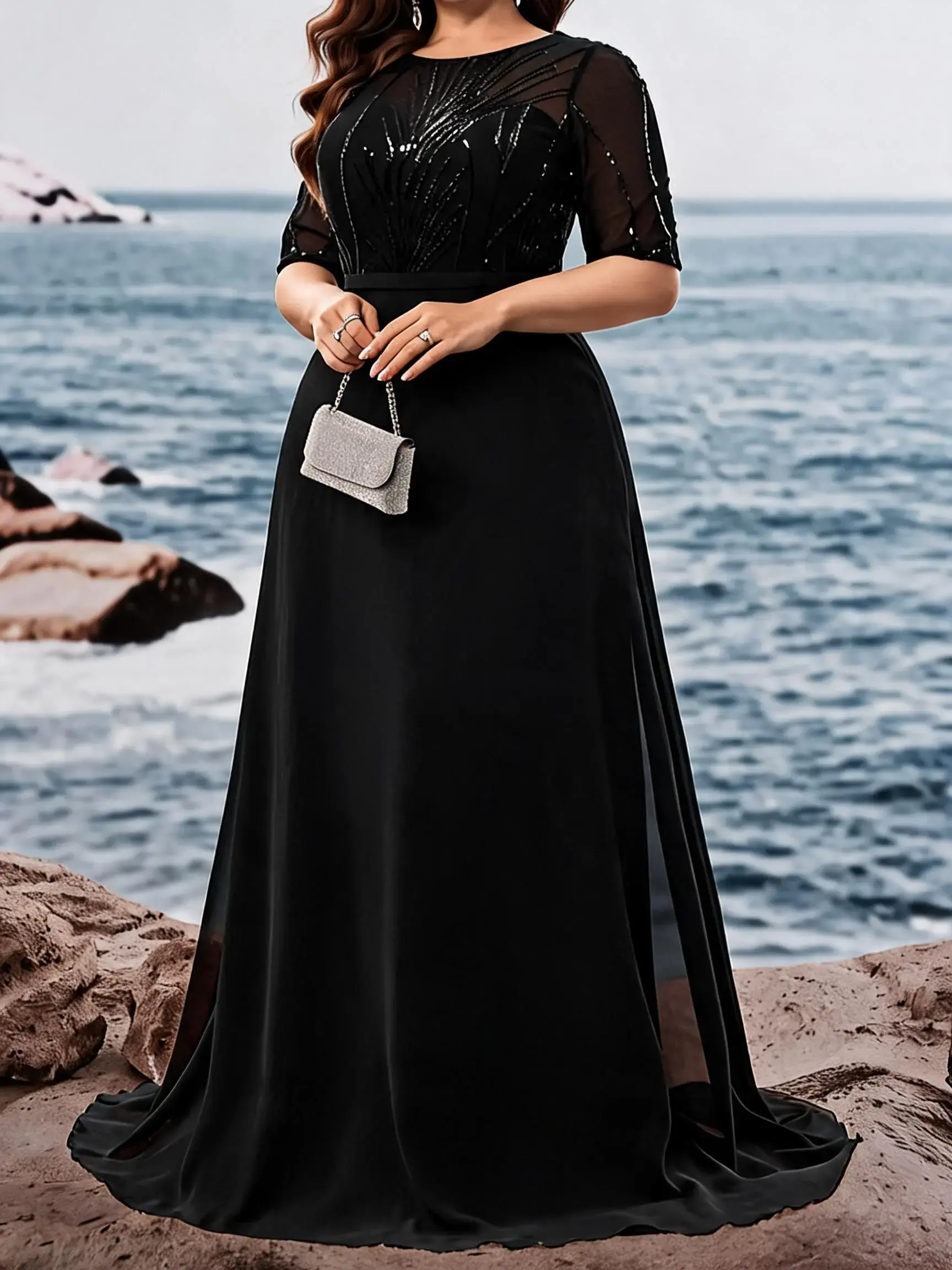 Large size mesh splicing sequins decorated Formal Evening dinner dress dress, fashion party dress, Fitted slim effect is good, suitable for special occasions and night out, Formal Wear
